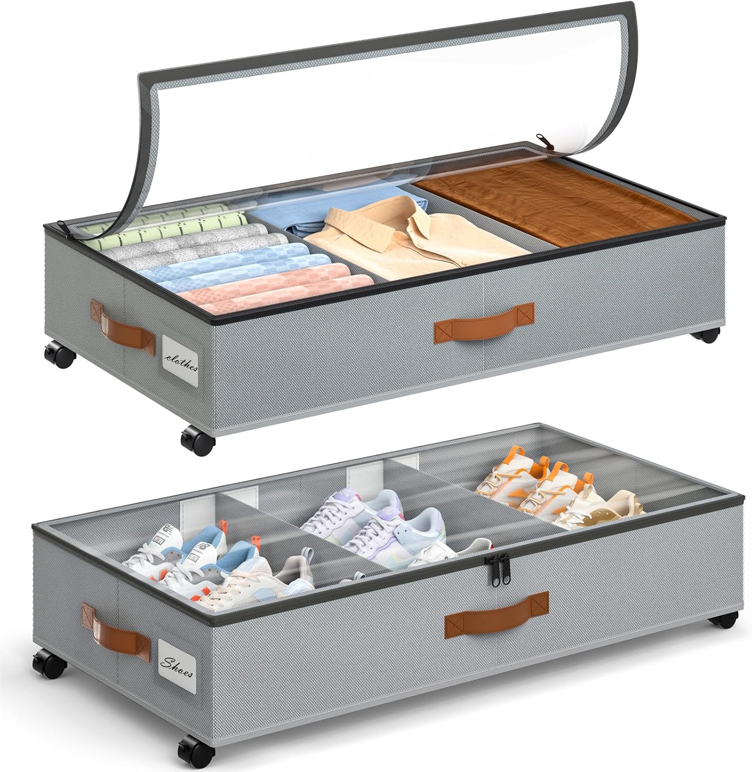 Yecaye Under Bed Storage with Wheels, 2 Pack Under Bed Storage Containers with Adjustable Dividers and Clear Window