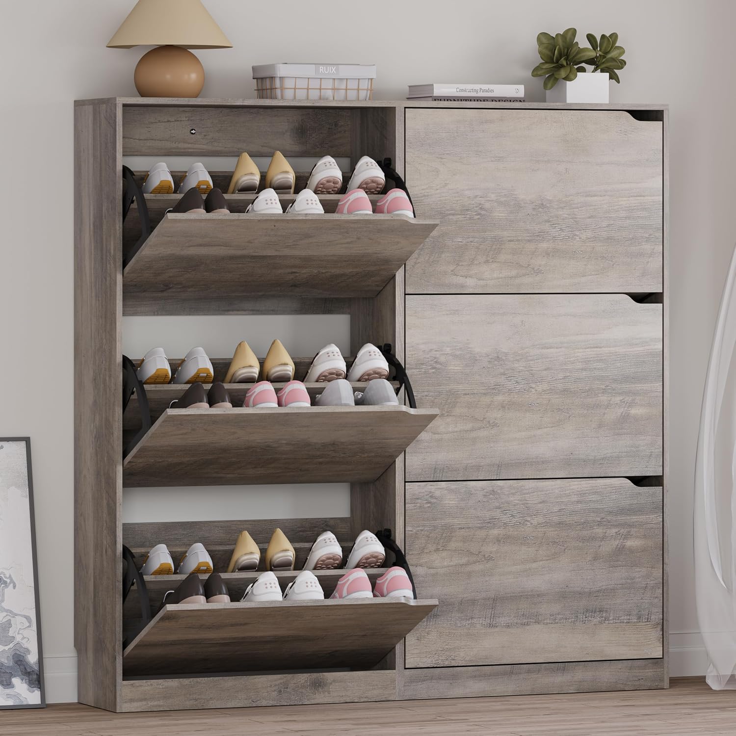 BORNOON Shoe Cabinet with 3 Flip Drawers, Hidden Wood Shoe Cabinet, Freestanding Shoe Storage Cabinet for Entryway Hallway.White. 47.2" H*31.5" W*9