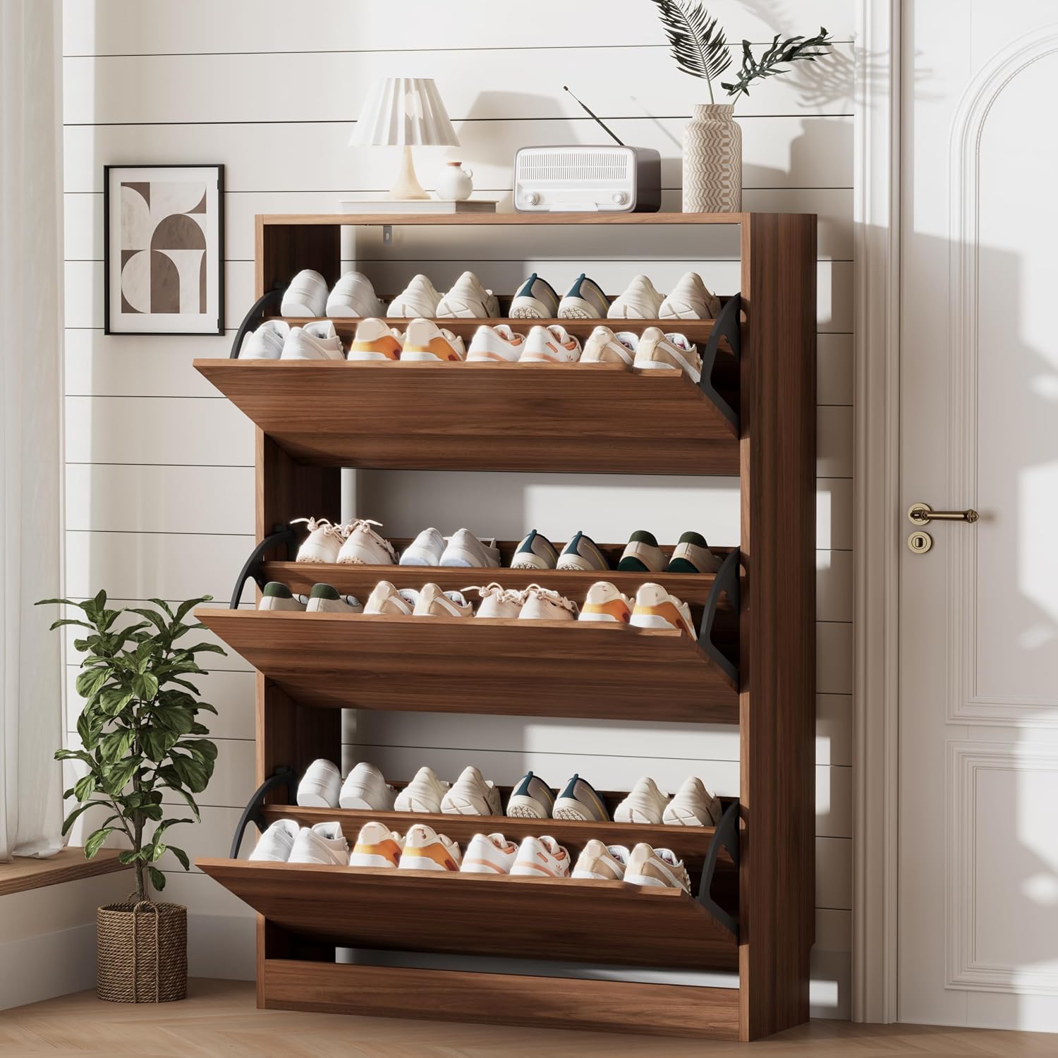 Shoe Storage Cabinet for Entryway with 3 Flip Drawers, Sturdy Wood Hidden Shoe Storage