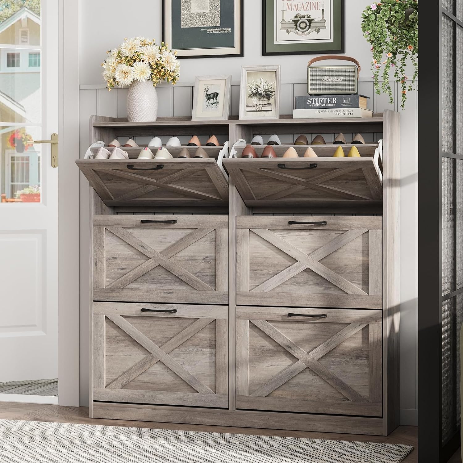 Maupvit Shoe Storage Cabinet with 2 Flip Drawers, Freestanding Shoe Organizer with Metal Legs for Entryway, Narrow Shoe Rack Cabinet, Rustic Brown