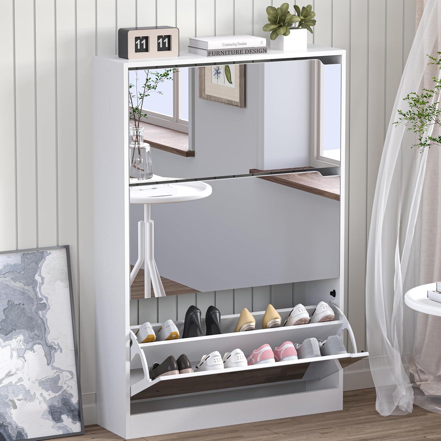 BORNOON Shoe Cabinet with Odor Control and Back Panels, Deodorizing Slim 3-Flip Shoe Storage Cabinet for Entryway