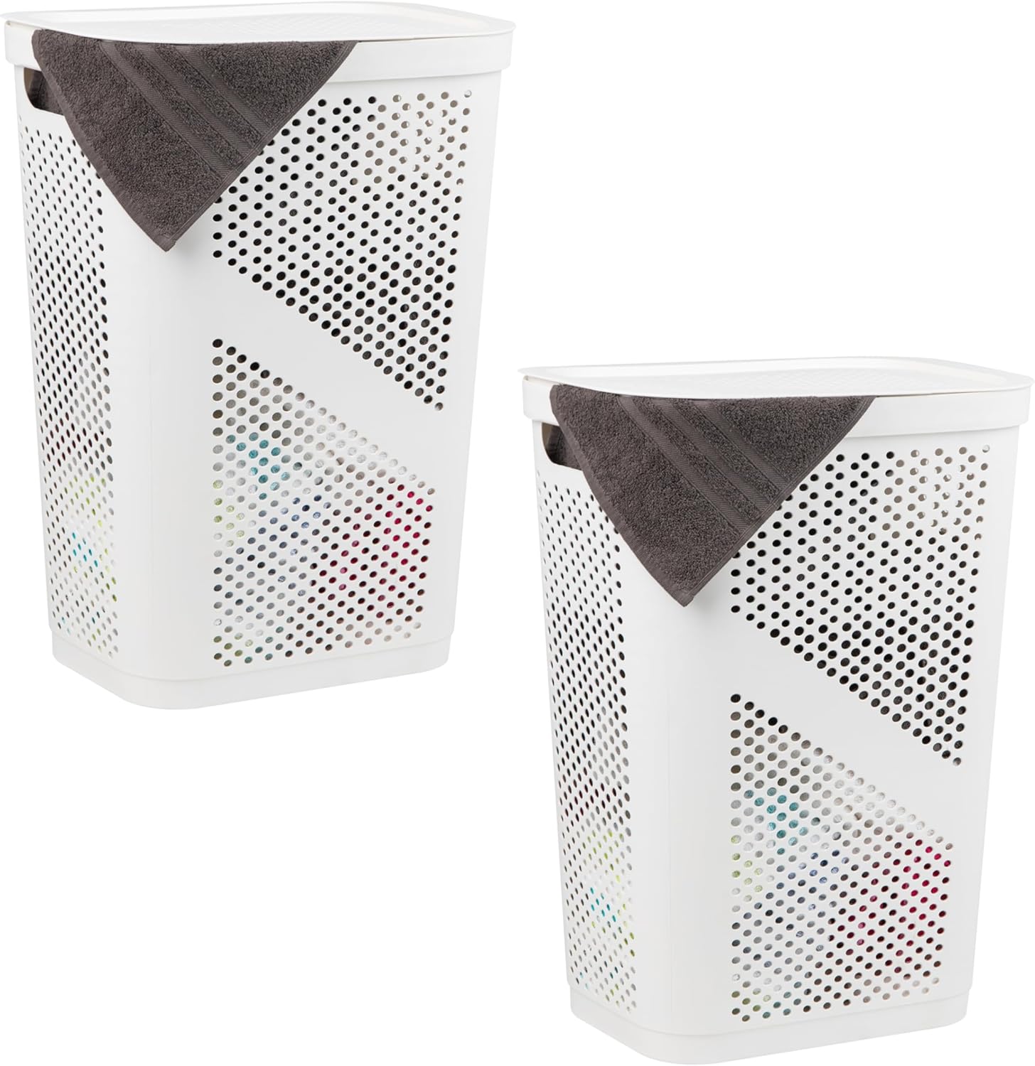 Mind Reader 60L Slim Laundry Hamper, Clothes Basket, Lid, Ventilated, Plastic, Set of 2, Tan