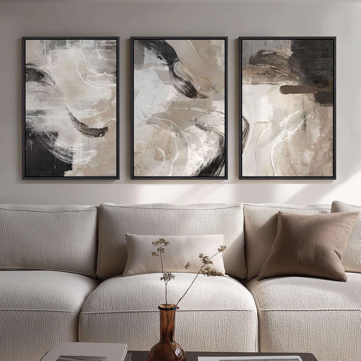 Large Framed Neutral Abstract Wall Art for Living Room, 3 Piece Modern Canvas Prints Paintings Artwork for Walls