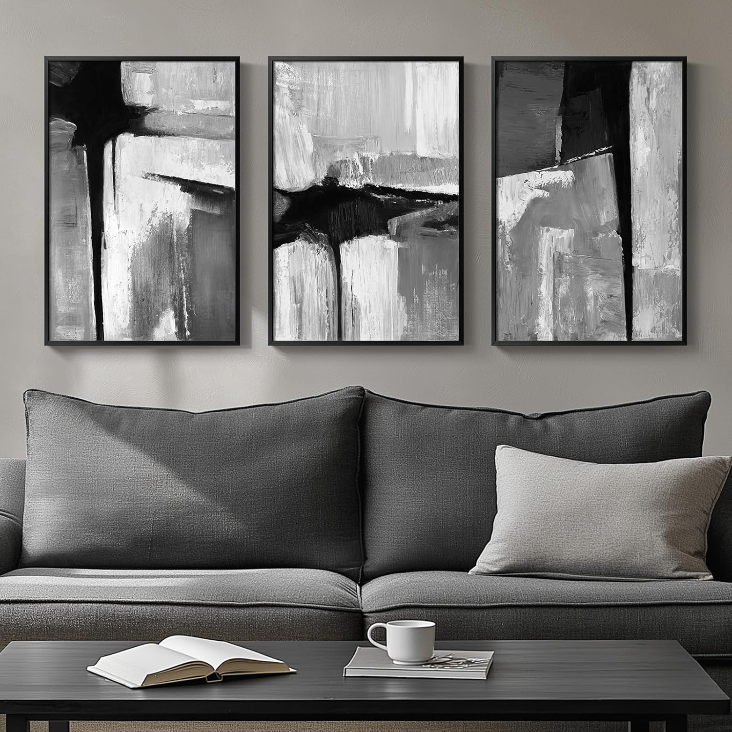 Large Framed Boho Modern Neutral Abstract Wall Art for Living Room, 3 Piece Black and White Canvas Prints Paintings Artwork for Walls
