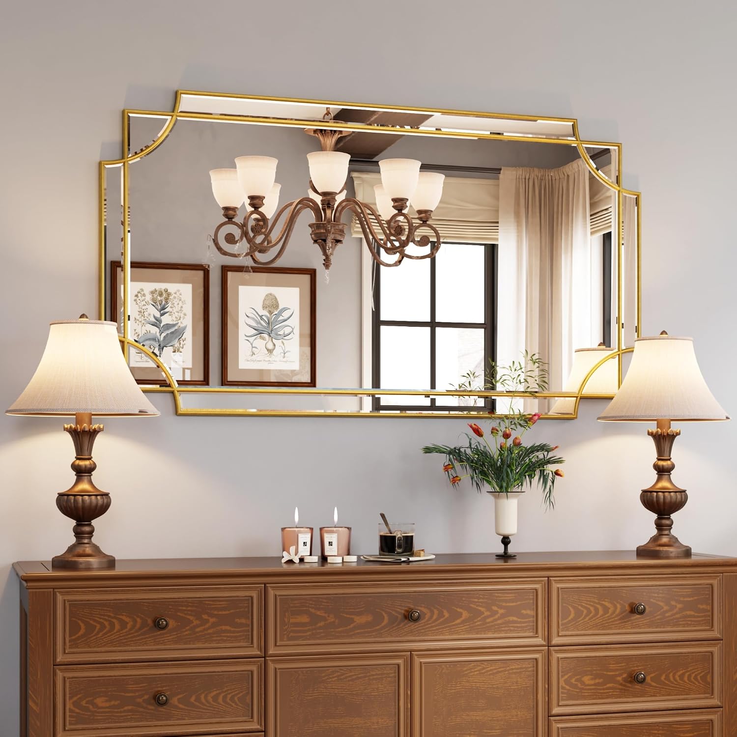 Kelly Miller 24"x48" Gold Foil Scalloped Edge Decorative Vanity Wall Mirror, Hand-Applied Gold Foil Finish. HD Mirror With French Cleat. Elegant