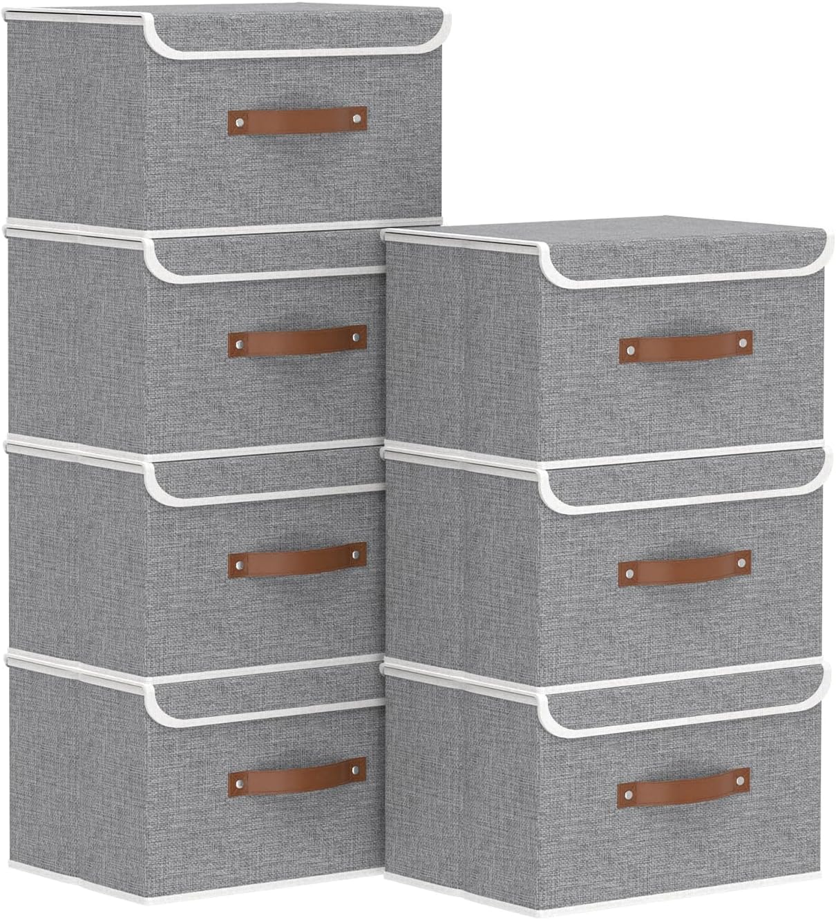 Yawinhe Collapsible Storage Boxes, Linen Fabric Baskets, Bin with lid and Leather Handle, Washable, for Home, Closet, Beige, 17.7''Lx11.8''Wx11.8''H