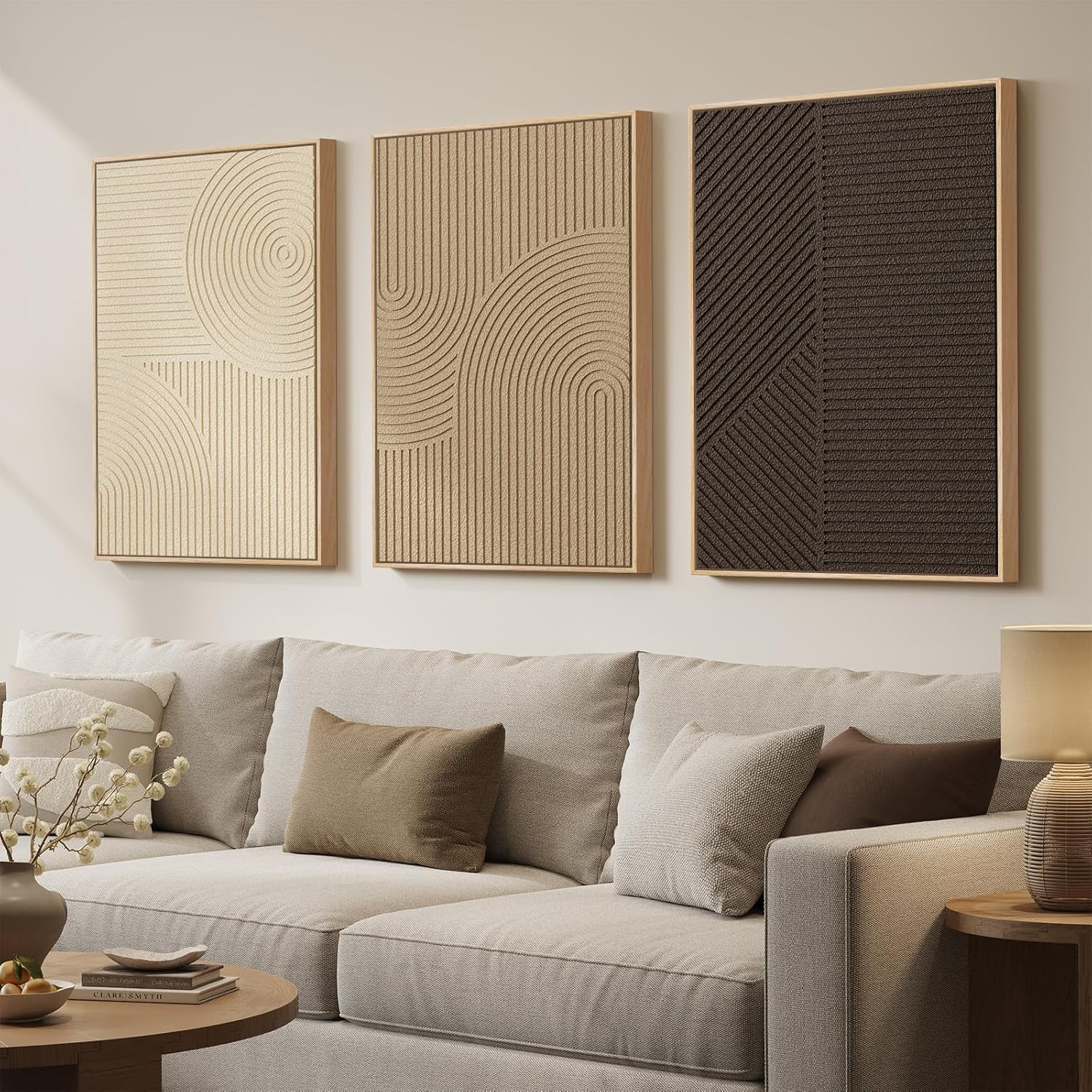 3D Wood Textured Large Neutral Abstract Wall Art, Modern Beige Brown Geometric Paintings Artwork for Walls-Minimalist Wooden Wall Art Decor for Living