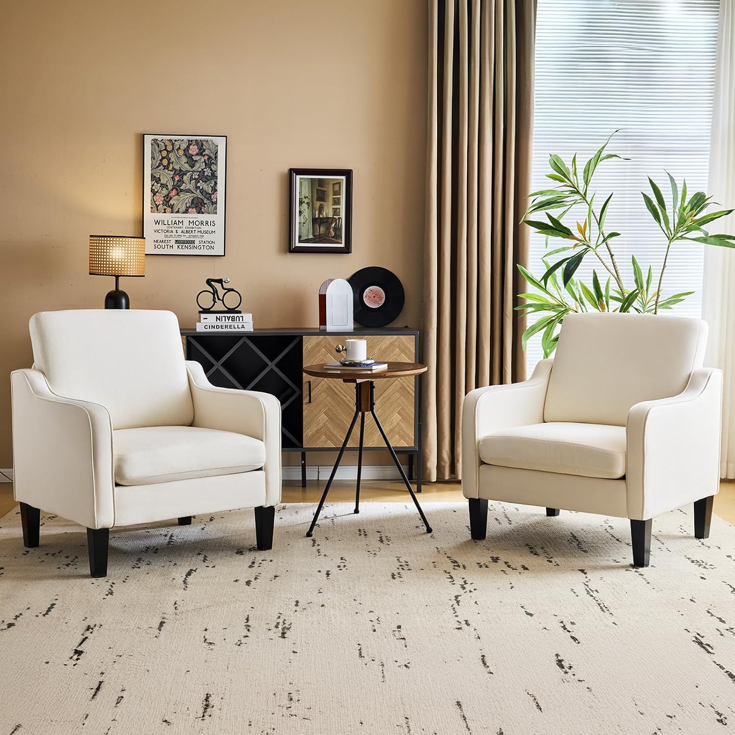 VINGLI Mid Century Modern Accent Chair, Light Grey Fabric Accent Chairs for Living Room Upholstered Armchair with Scooped Arms for Bedroom, Apartment