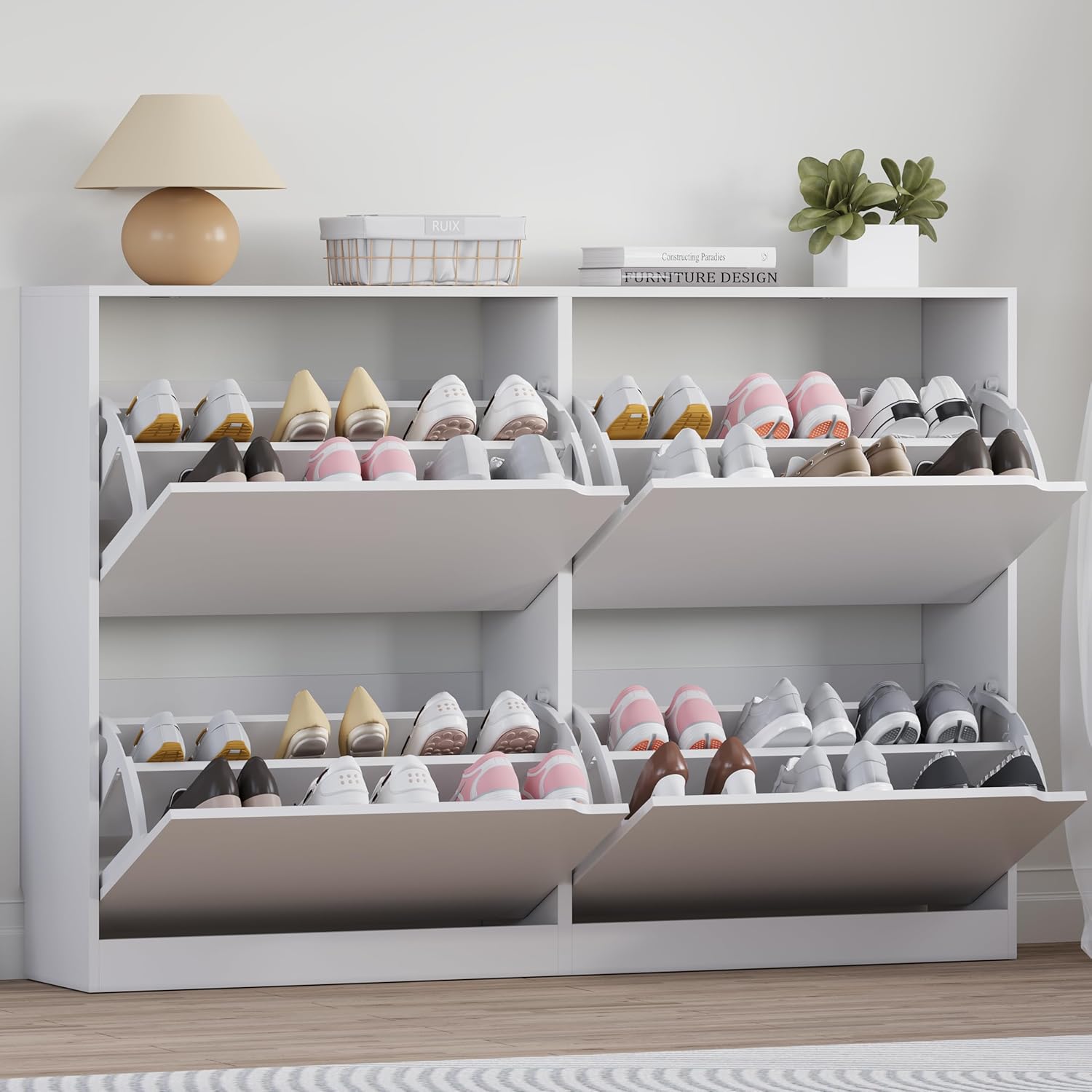 BORNOON Shoe Cabinet with Odor Control and Back Panels, Deodorizing Slim 3-Flip Shoe Storage Cabinet for Entryway