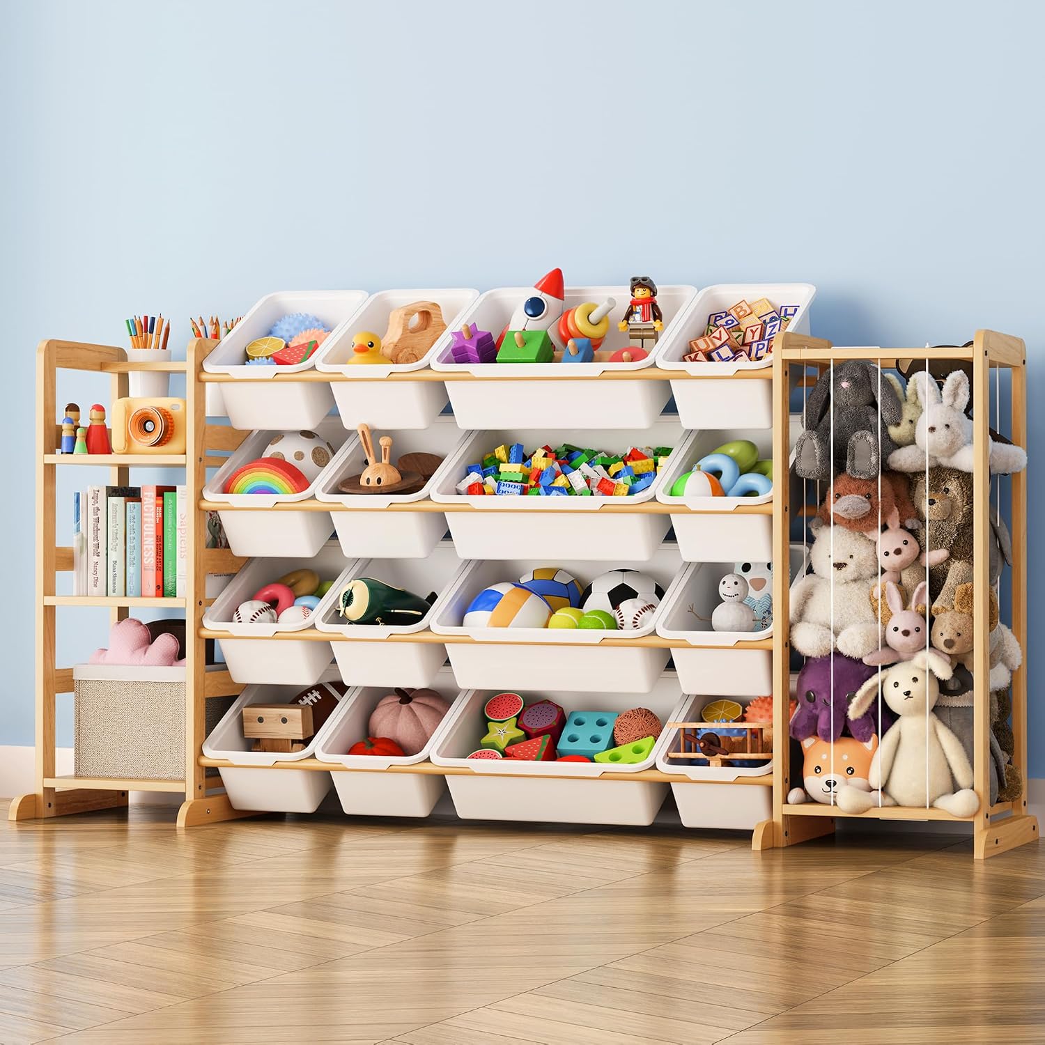 Toy Storage Organizer with Bookshelf and Stuffed Animal Storage - Playroom Organization with Shelves and 16 Bins - Living Room Box for Lego - Nursery