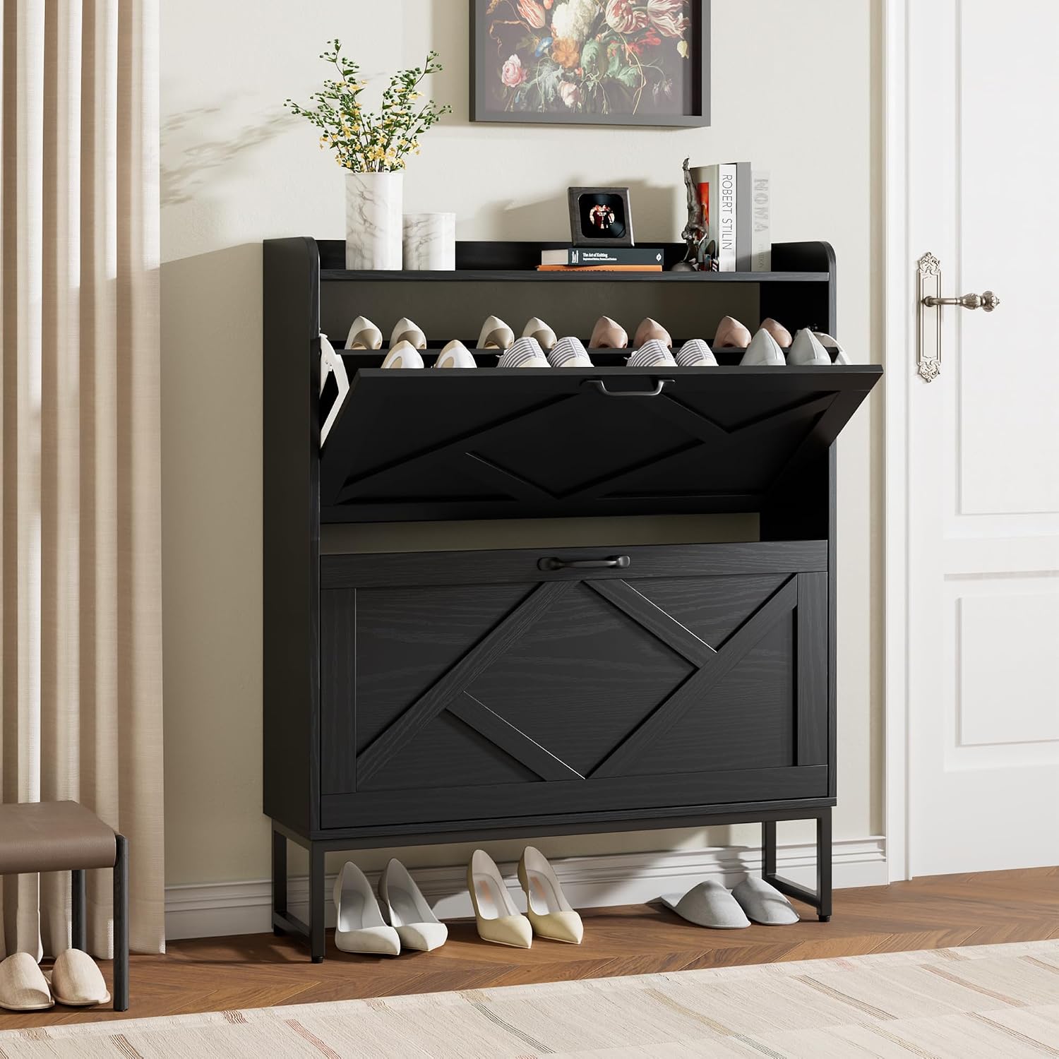 Shoe Cabinet with 2 Flip Drawers, Entryway Organizer, Chestnut, Slim Wood Shoe Rack with Metal Legs, Farmhouse Shoe Cabinet Storage for Entryway