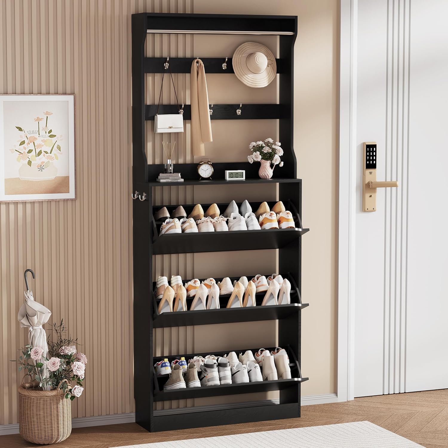 Shoe Storage Cabinet, Wood Shoe Organizer for Entryway with 3 Flip Drawers, Freestanding Shoe Rack with Adjustable Shelf
