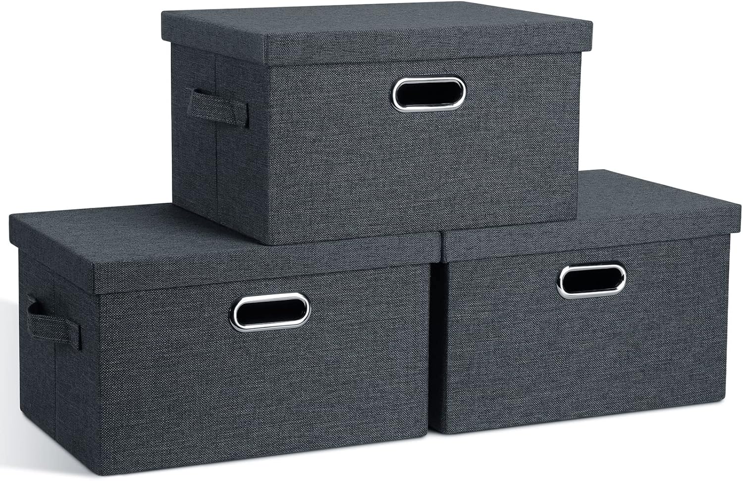 Graciadeco Large Quart Collapsible Stackable Storage Bins with Lids, 3 Packs Beige Linen Fabric Closet Boxes with Lids