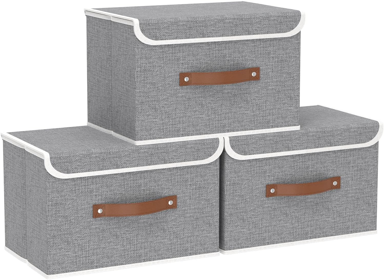 Yawinhe Collapsible Storage Boxes, Linen Fabric Baskets, Bin with lid and Leather Handle, Washable, for Home, Closet, Beige, 17.7''Lx11.8''Wx11.8''H
