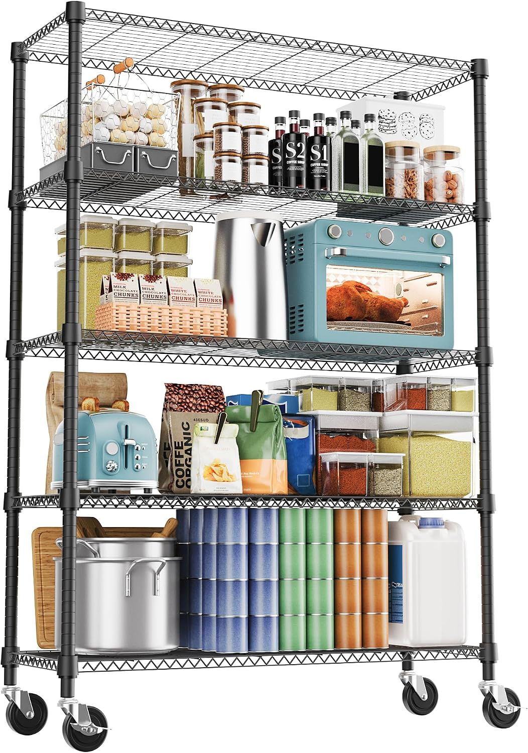 M MZG 5-Shelf Storage Shelves, Wire Shelving Heavy Duty Metal Storage Shelving Unit Adjustable Garage Shelving Rack Pantry Kitchen (Chrome, 4 Tier