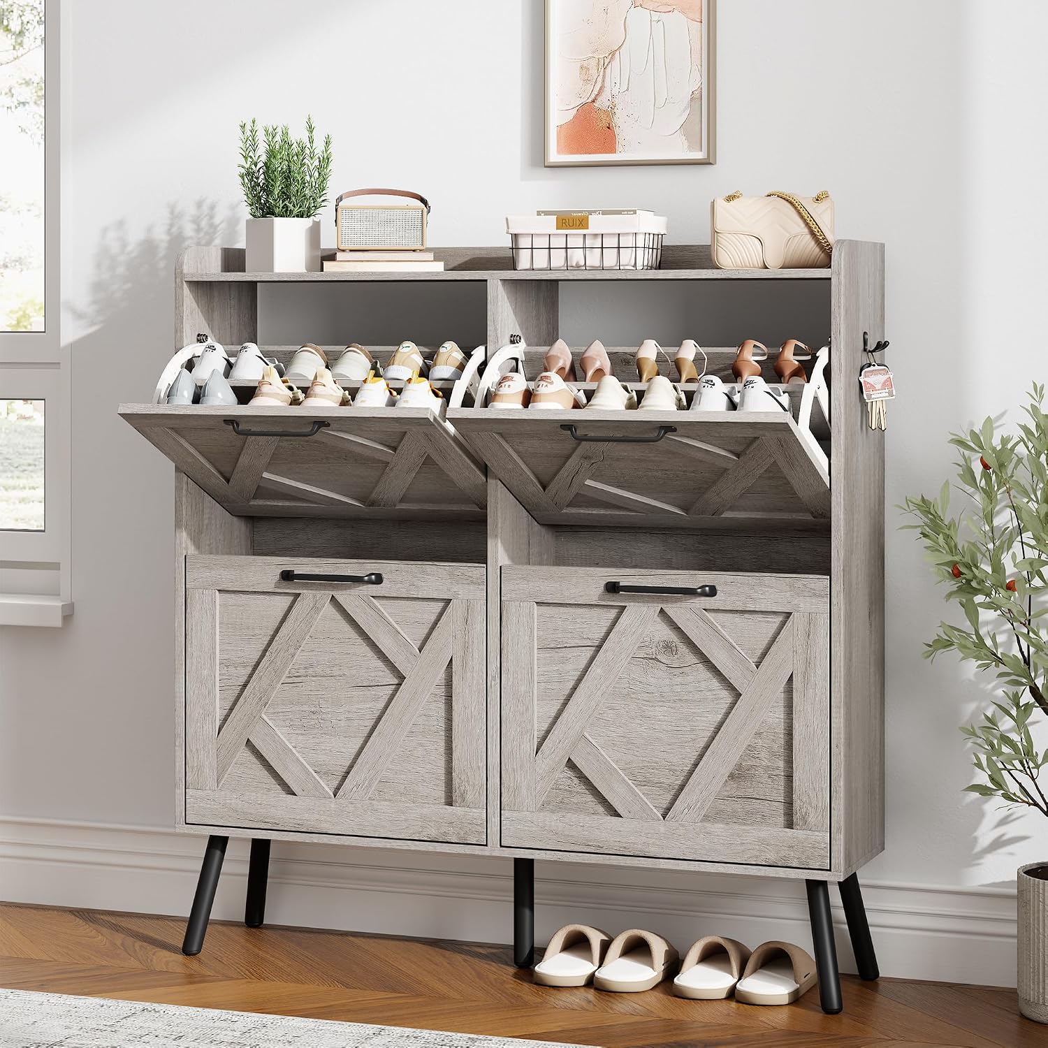 Shoe Cabinet with 2 Flip Drawers, Entryway Organizer, Chestnut, Slim Wood Shoe Rack with Metal Legs, Farmhouse Shoe Cabinet Storage for Entryway