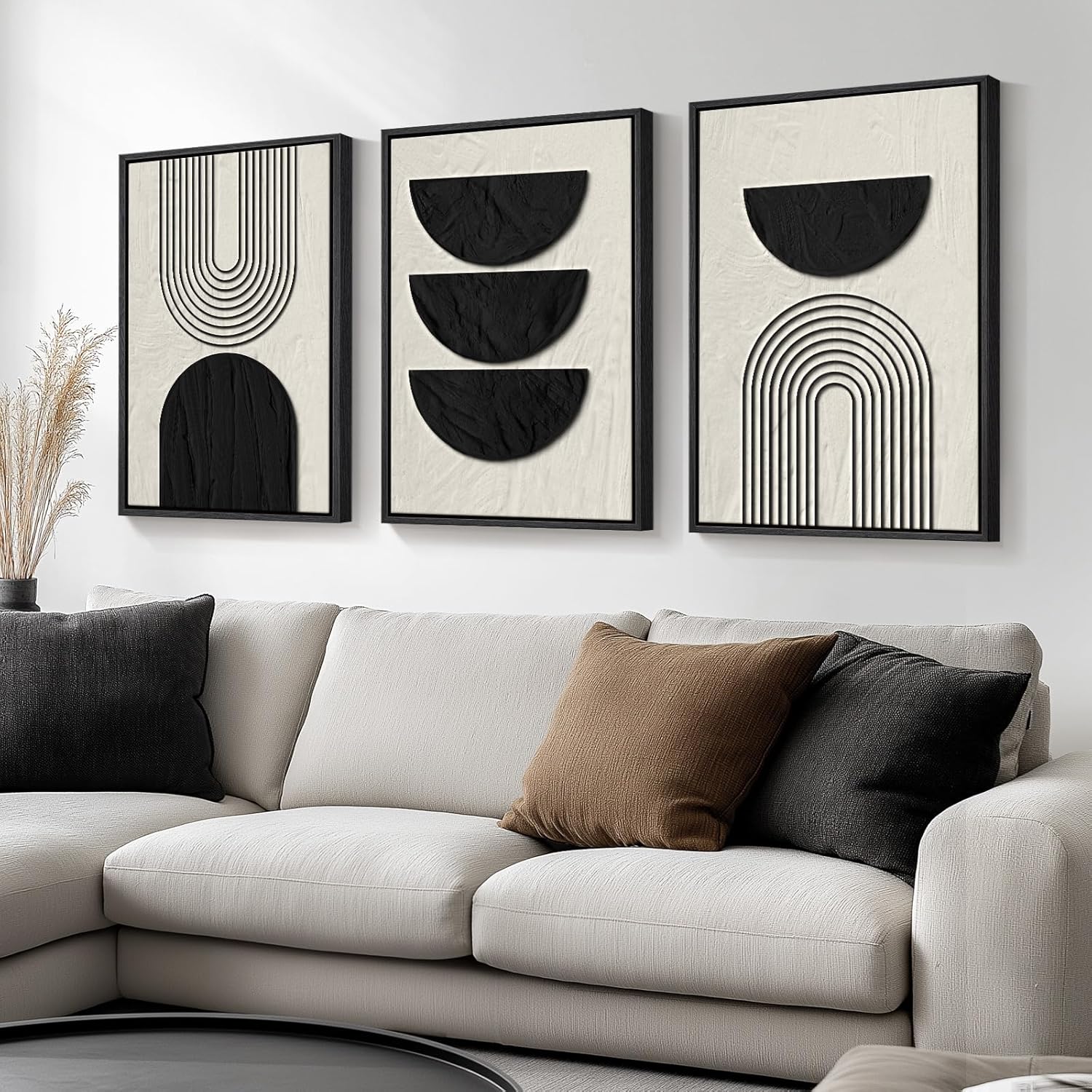 Large Framed Boho Modern Neutral Abstract Wall Art for Living Room, 3 Piece Black and White Canvas Prints Paintings Artwork for Walls