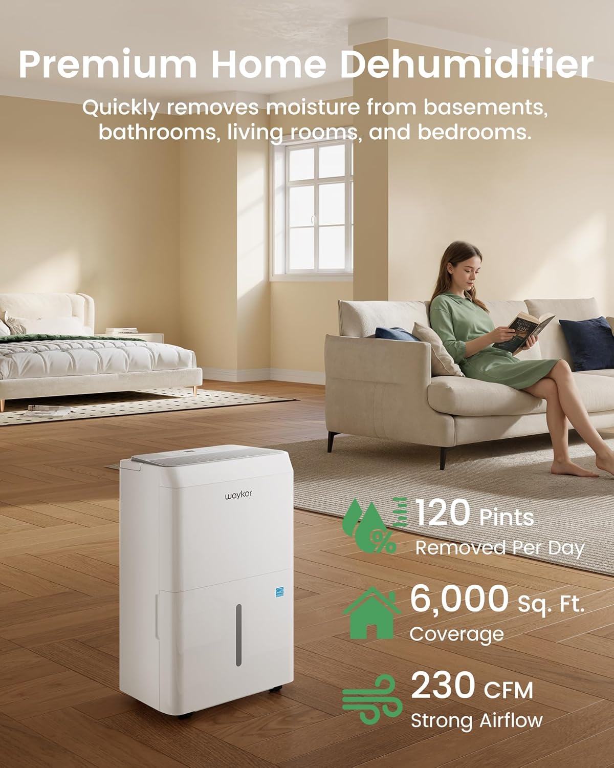 Waykar 6000 Sq.Ft Energy Star Dehumidifier for Basement and Home, 120 Pint/Day with Drain Hose and Tank, Ultra Quiet (40 dB), Smart Auto Comfort Mode