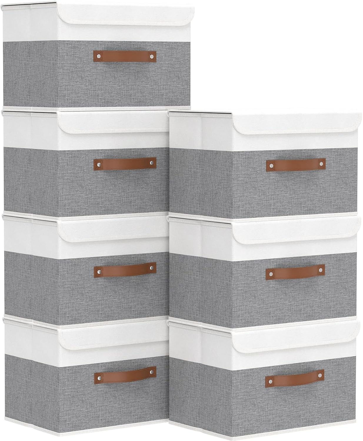 Yawinhe Storage Bins with Lids, Beige, 17.7x11.8x11.8in, 5-Pack, Fabric Container with Leather Handle, Washable Home Basket