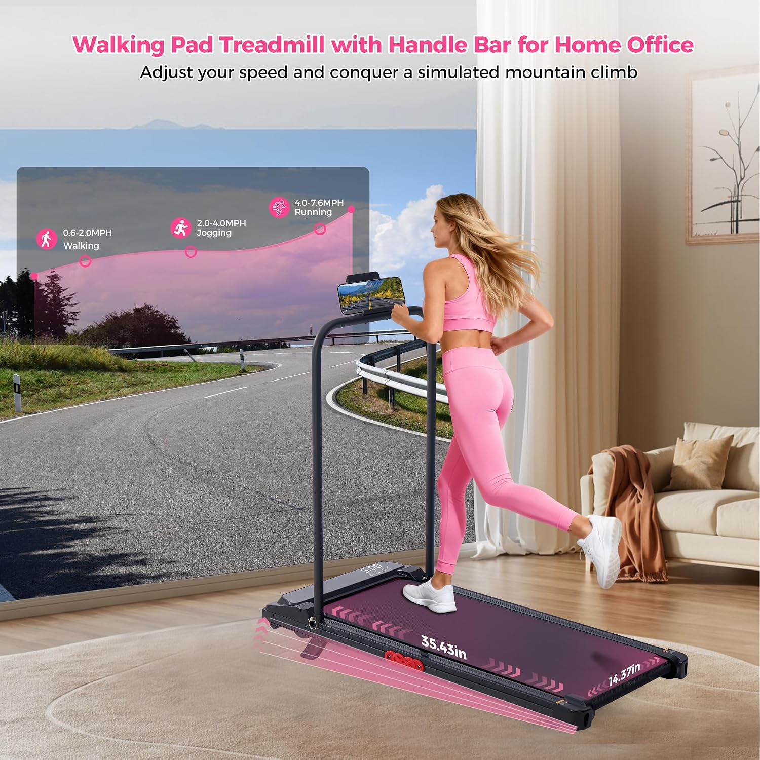 Walking Pad with Incline and Handle Bar, Electric Small Walking Pads Treadmills with Handles, Compact Treadmills for Home Small Spaces, 3.0HP