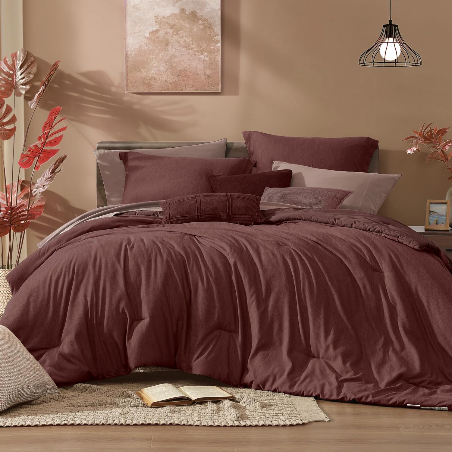 Monbix King Size Comforter Set, Olive Green King Bed Set Reversible, King Size Comforter Set 7 Pieces, Cationic Dyeing Bed in a Bag with Comforter