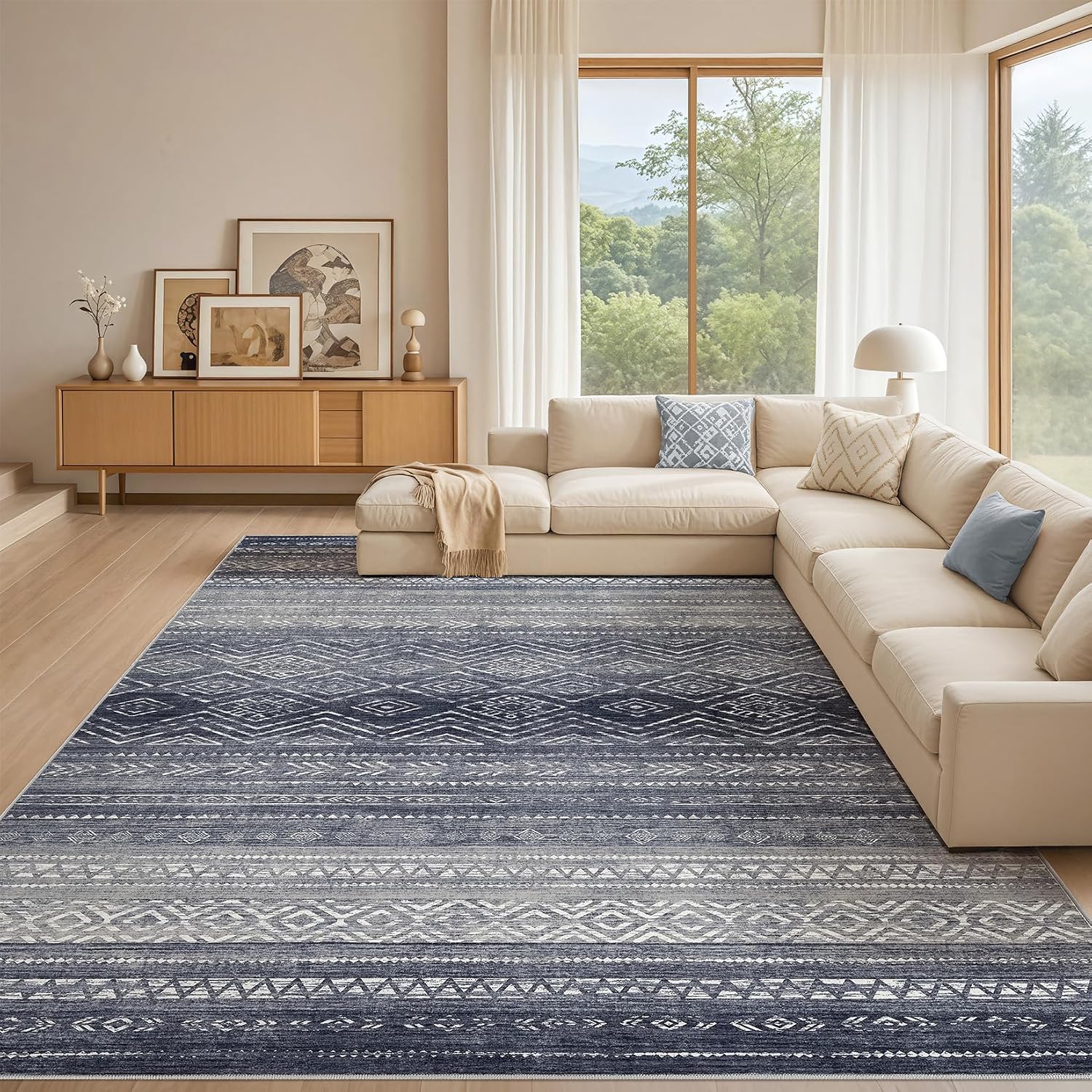 Tortania Area Rug Living Room Rugs - 10x12 Washable Large Soft Neutral Boho Moroccan Bohemian Farmhouse Rug Indoor Floor Carpet for Bedroom Under