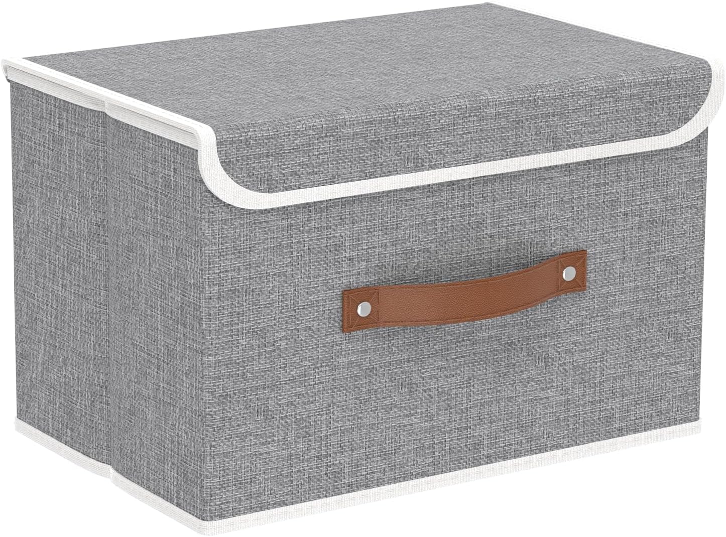 Yawinhe Storage Bins with Lids, Beige, 17.7x11.8x11.8in, 5-Pack, Fabric Container with Leather Handle, Washable Home Basket