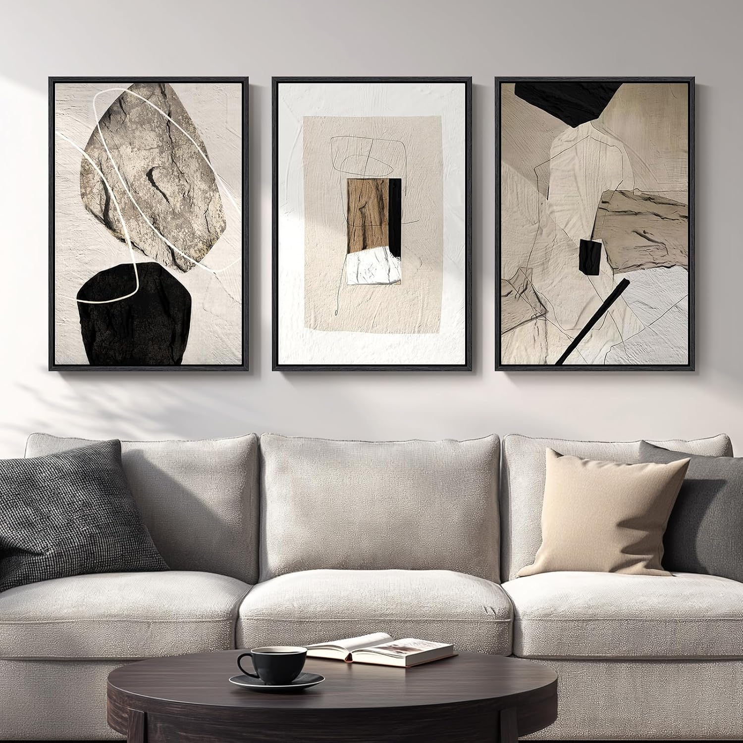 Large Framed Neutral Abstract Wall Art for Living Room, 3 Piece Modern Canvas Prints Paintings Artwork for Walls