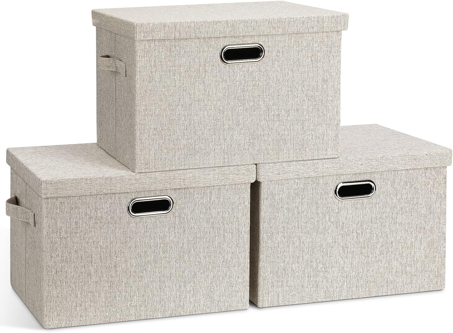 Graciadeco Large Quart Collapsible Stackable Storage Bins with Lids, 3 Packs Beige Linen Fabric Closet Boxes with Lids