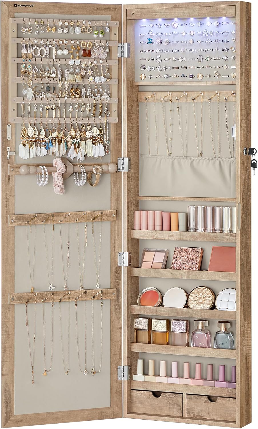 SONGMICS 6 LEDs Mirror Jewelry Cabinet, 47.2-Inch Tall Lockable Wall or Door Mounted Jewelry Armoire Organizer with Mirror, 2 Drawers
