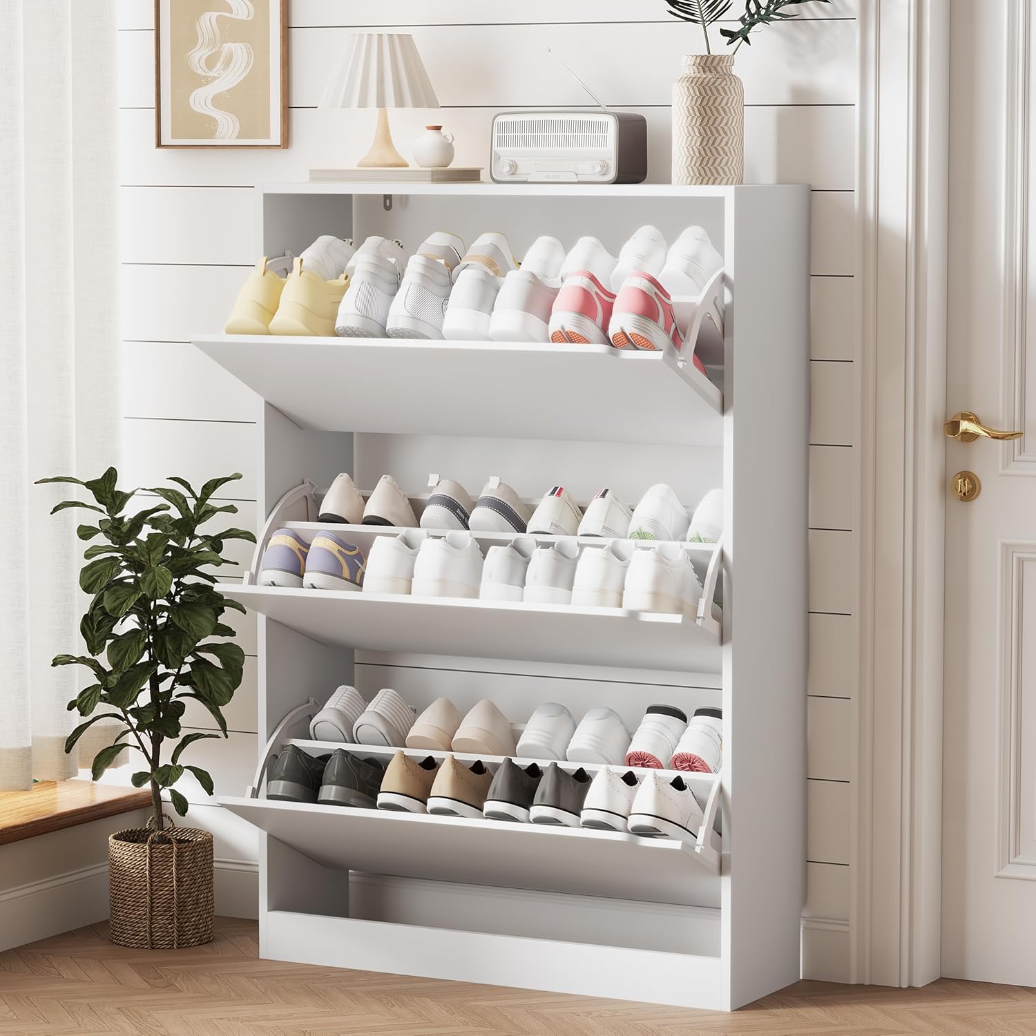 Shoe Storage Cabinet for Entryway with 3 Flip Drawers, Sturdy Wood Hidden Shoe Storage