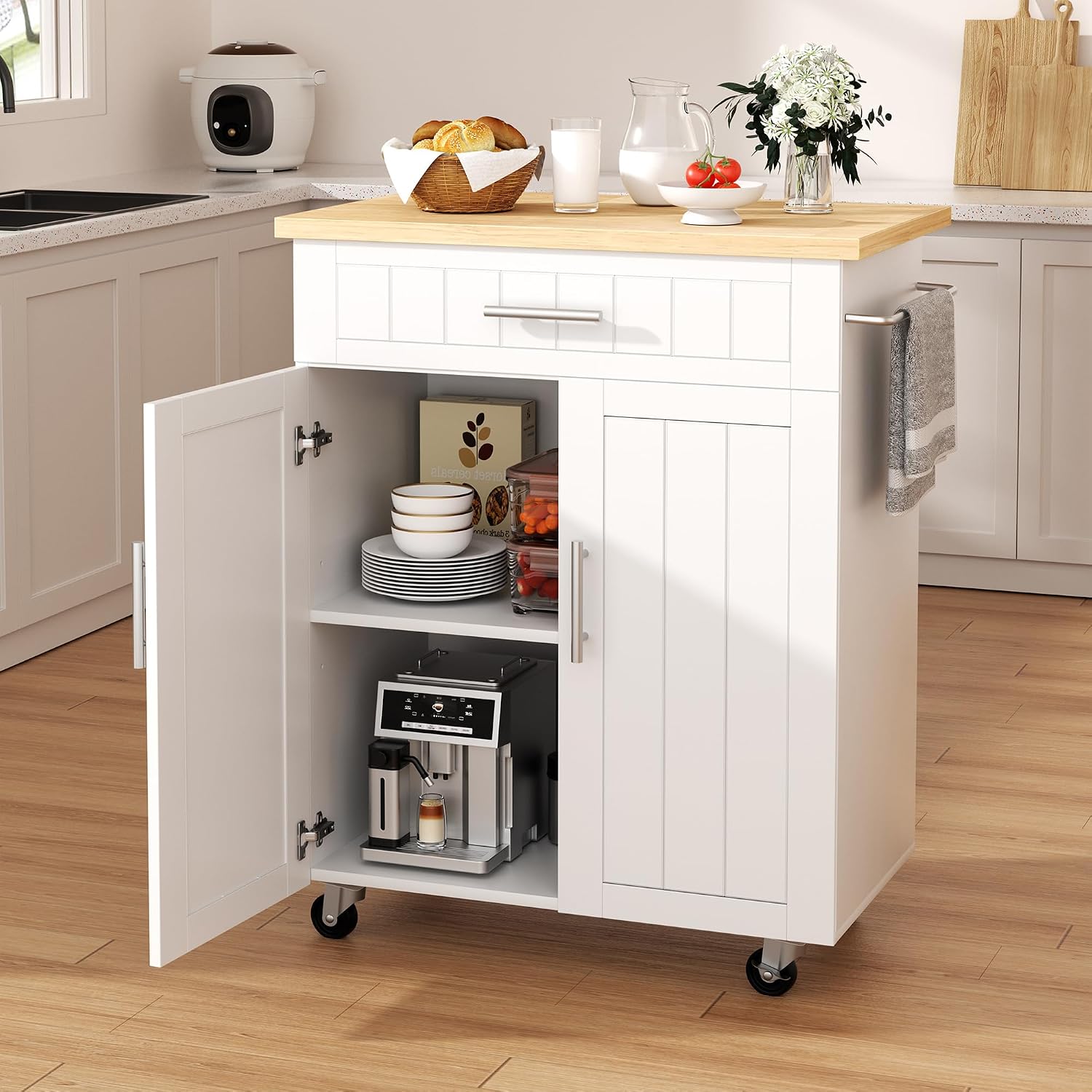 Shintenchi Kitchen Island cart with Storage, Portable Bar Cabinet on Wheels, Rolling Microwave Cart Side Table with Workstation for Kitchen, Black