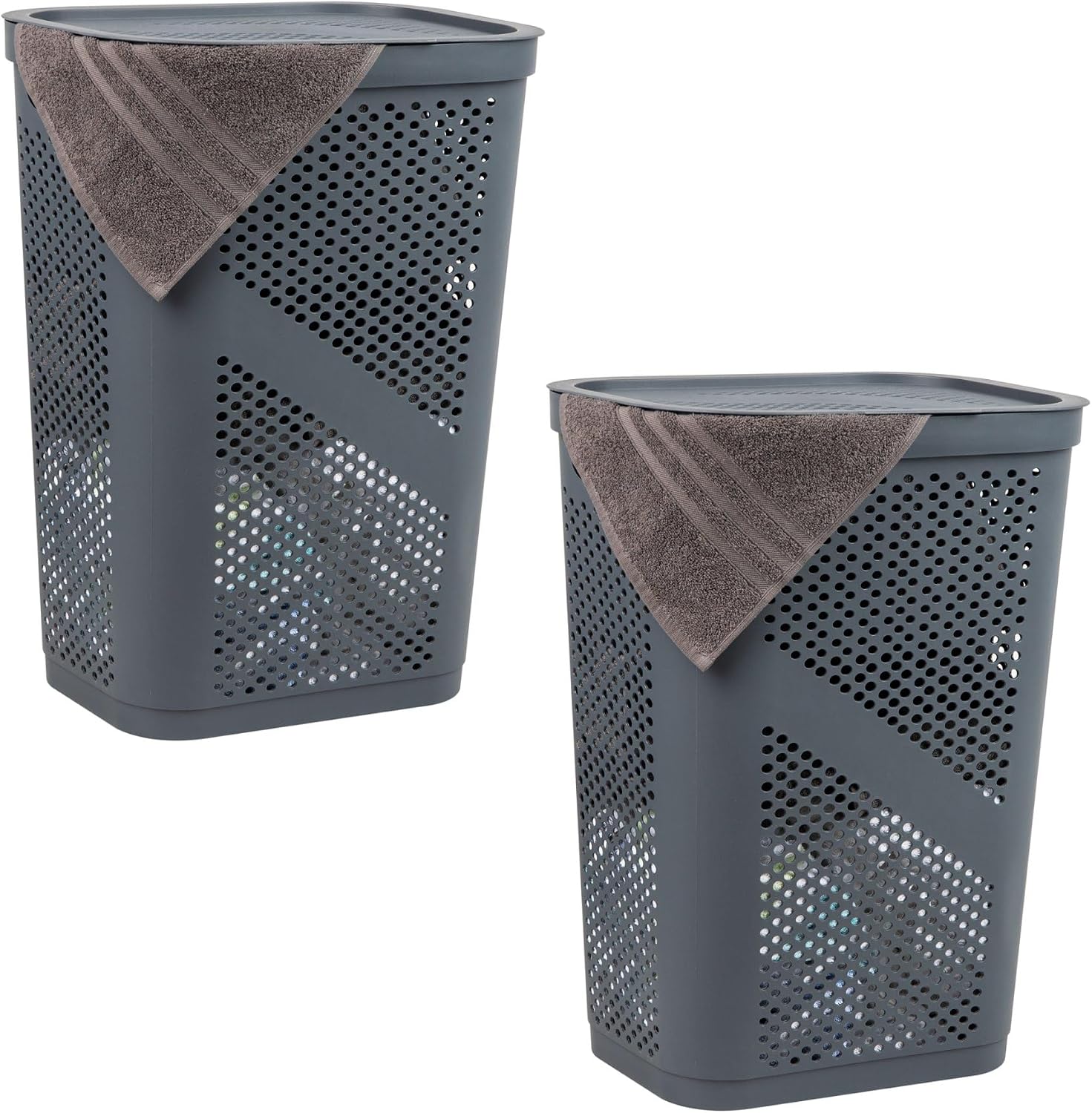Mind Reader 60L Slim Laundry Hamper, Clothes Basket, Lid, Ventilated, Plastic, Set of 2, Tan