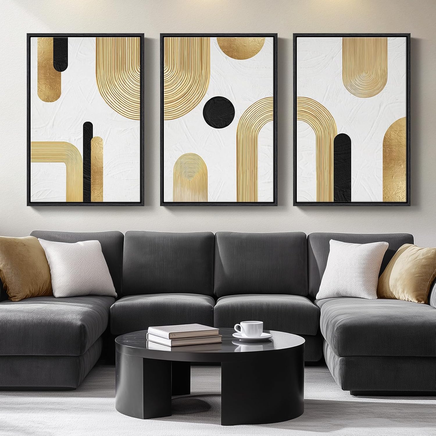 Large Framed Boho Modern Neutral Abstract Wall Art for Living Room, 3 Piece Black and White Canvas Prints Paintings Artwork for Walls