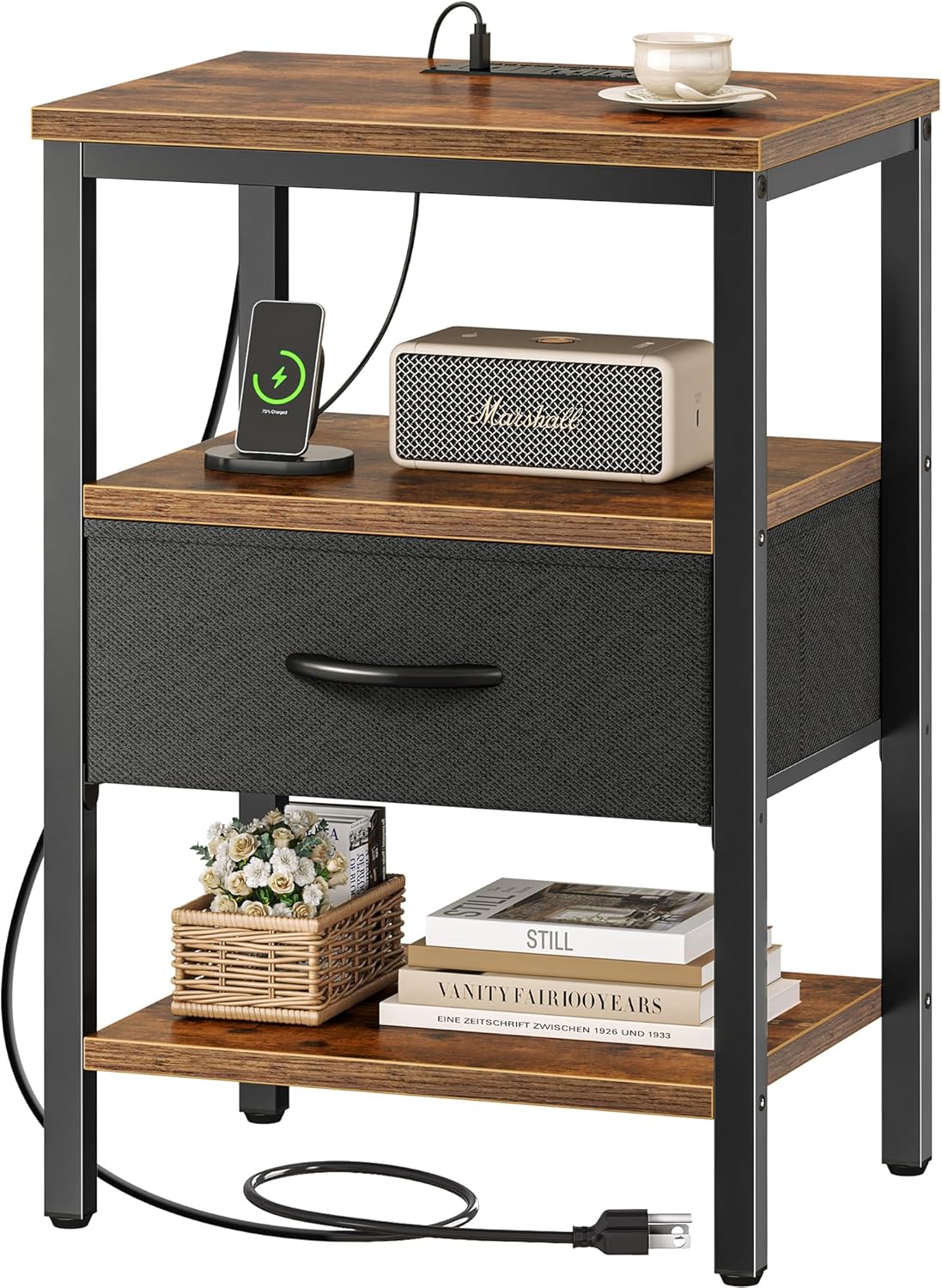 SUPERJARE Nightstand Set of 2, Bed Side Tables with Charging Station, Adjustable Fabric Drawer, Night Stand for Bedroom, 3-Tier Storage End Tables