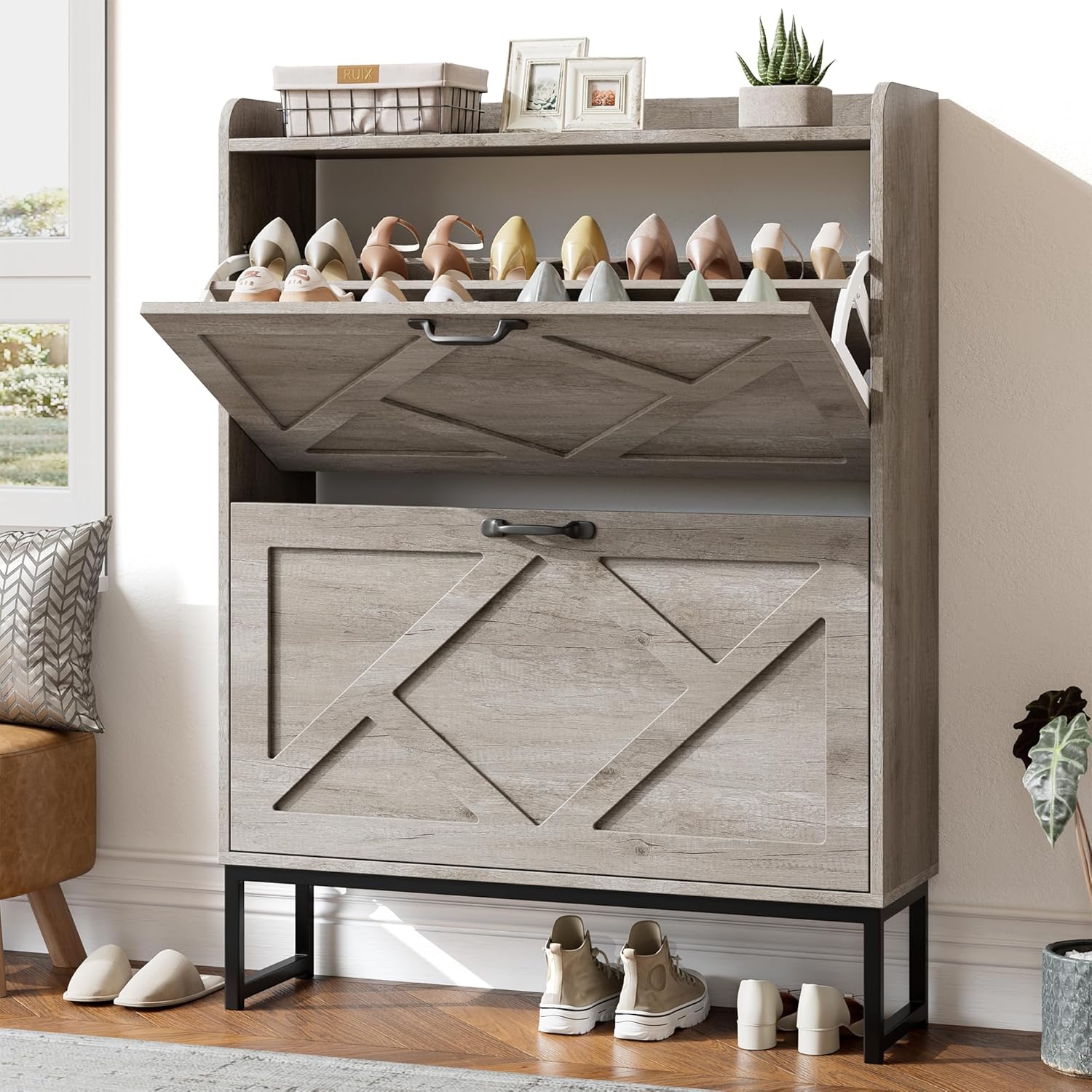 Shoe Cabinet with 2 Flip Drawers, Entryway Organizer, Chestnut, Slim Wood Shoe Rack with Metal Legs, Farmhouse Shoe Cabinet Storage for Entryway
