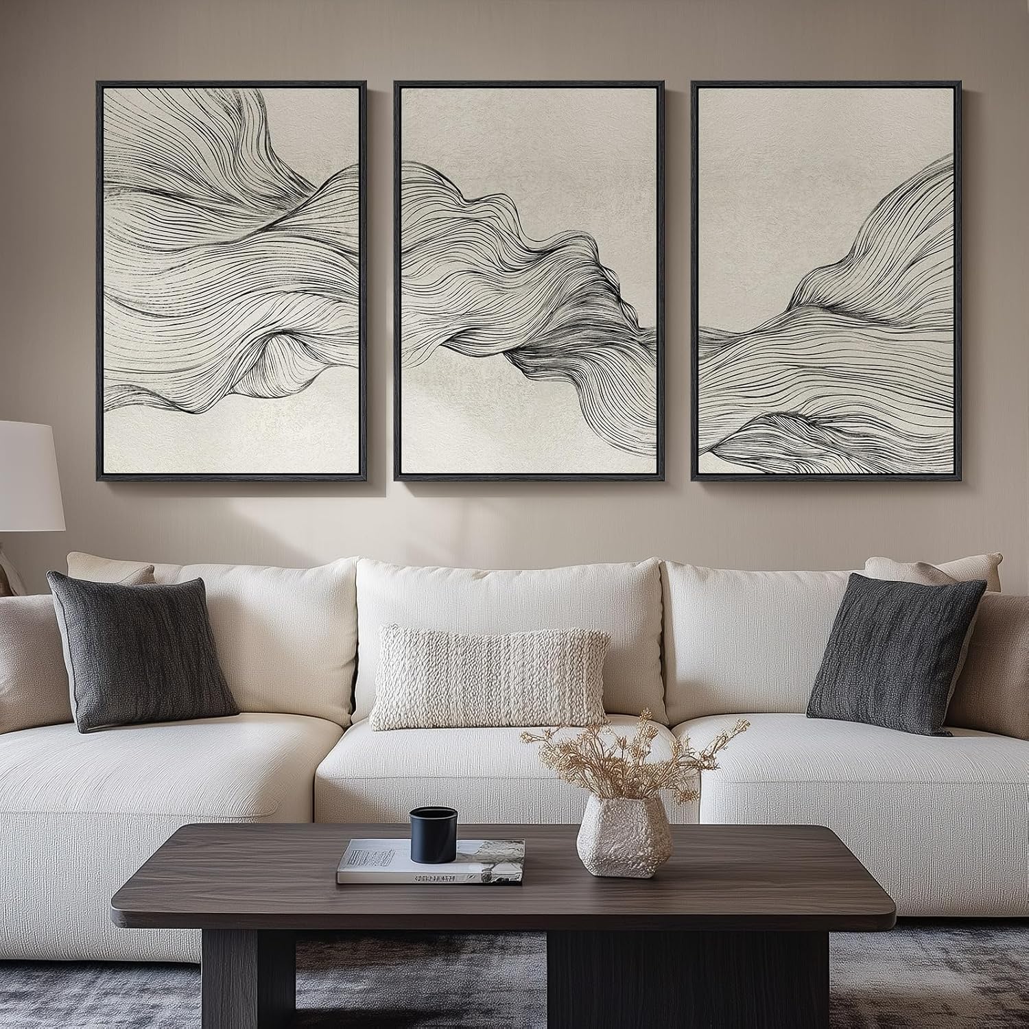 Large Framed Boho Modern Neutral Abstract Wall Art for Living Room, 3 Piece Black and White Canvas Prints Paintings Artwork for Walls