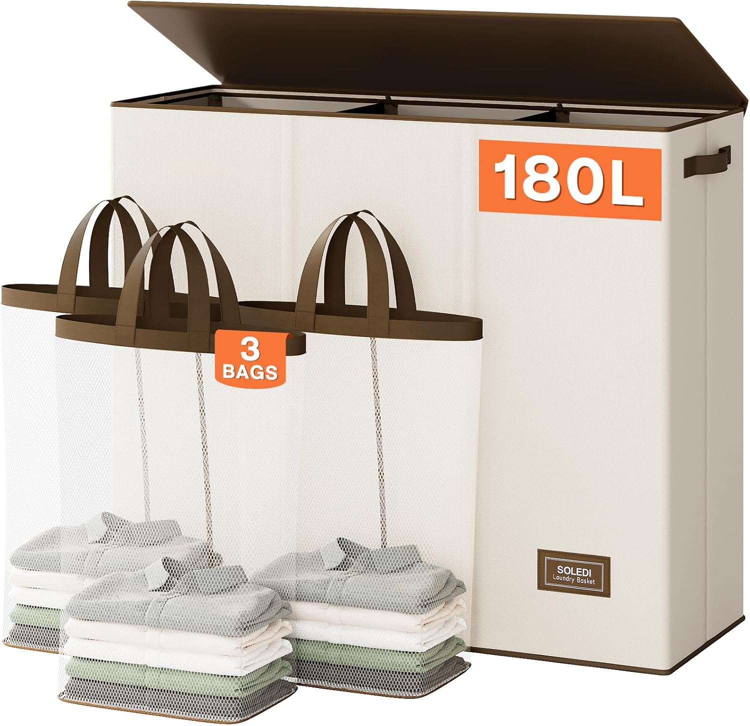 SOLEDI 180L Laundry Hamper 3 Section, Extra Large Laundry Hamper with Lid, Dirty Clothes Hamper with Sturdy Handle