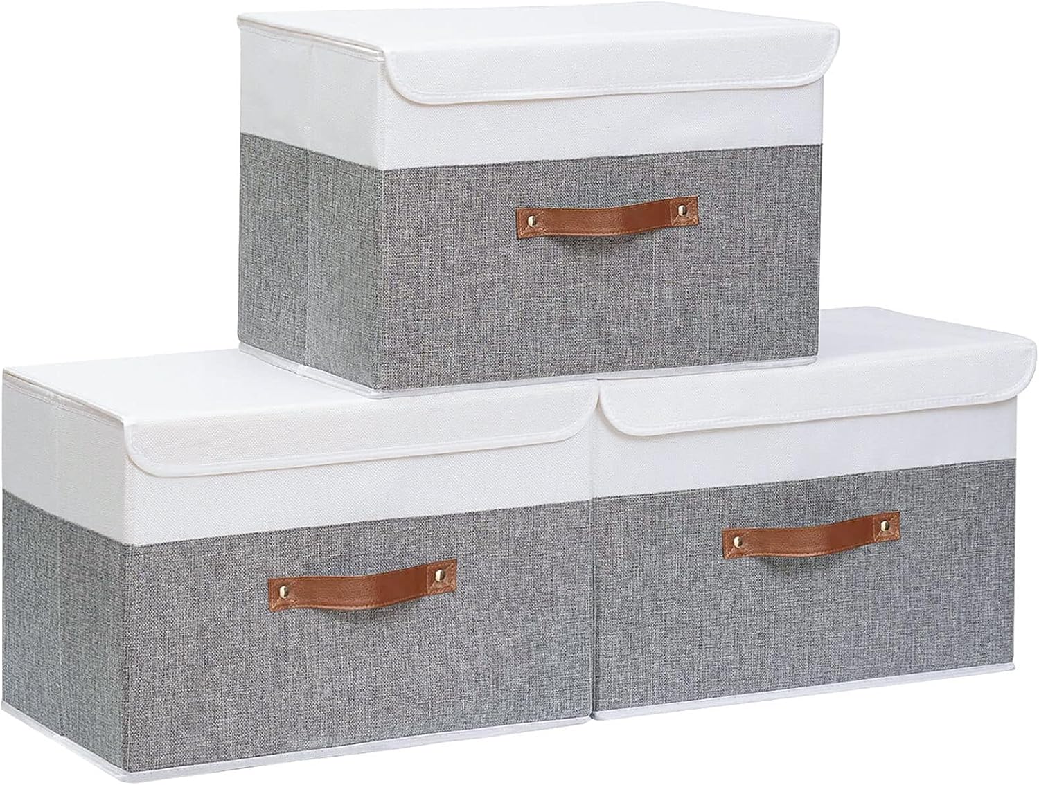 Yawinhe Storage Bins with Lids, Beige, 17.7x11.8x11.8in, 5-Pack, Fabric Container with Leather Handle, Washable Home Basket
