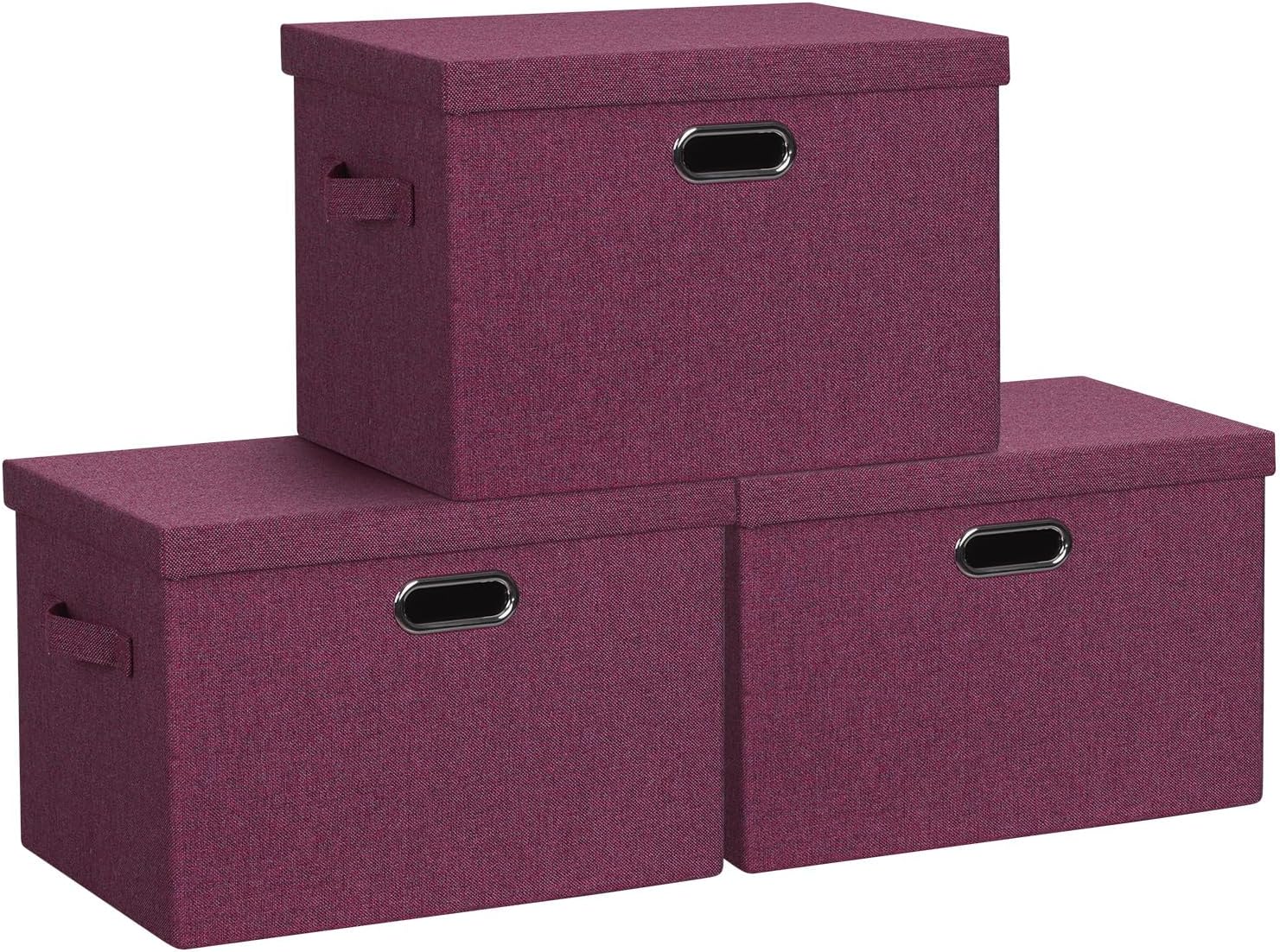 Graciadeco Large Quart Collapsible Stackable Storage Bins with Lids, 3 Packs Beige Linen Fabric Closet Boxes with Lids