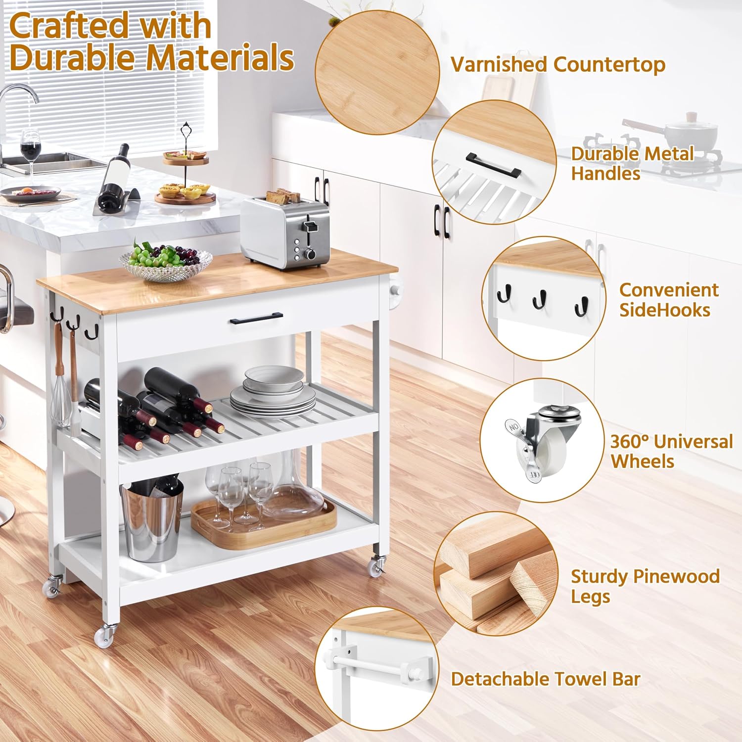 Yaheetech Rolling Kitchen Island Cart with 3 Shelves Lockable Wheels, White, Solid Wood Small Kitchen Island with Storage