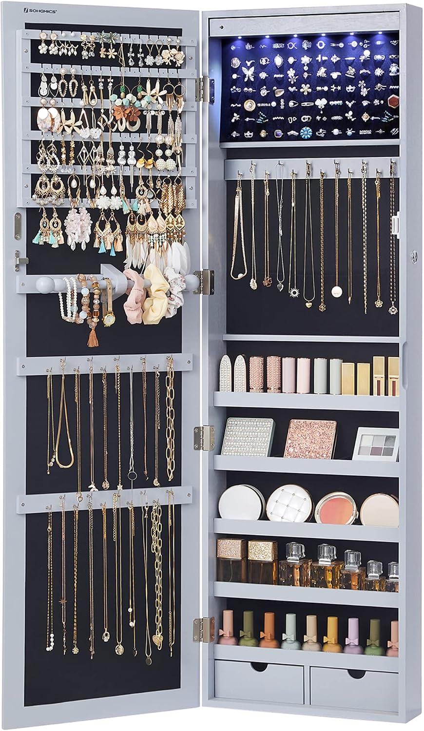 SONGMICS 6 LEDs Mirror Jewelry Cabinet, 47.2-Inch Tall Lockable Wall or Door Mounted Jewelry Armoire Organizer with Mirror, 2 Drawers