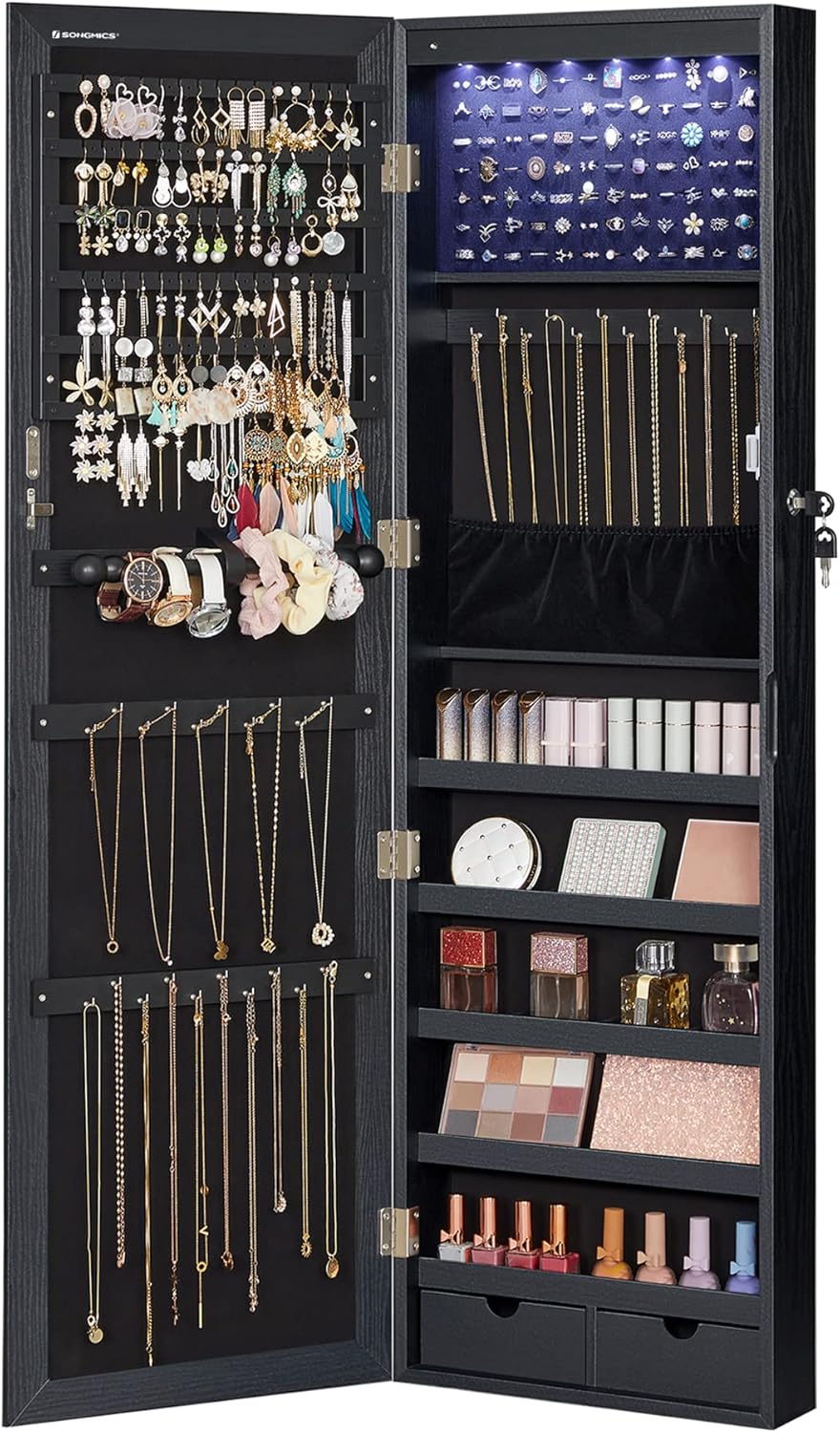 SONGMICS 6 LEDs Mirror Jewelry Cabinet, 47.2-Inch Tall Lockable Wall or Door Mounted Jewelry Armoire Organizer with Mirror, 2 Drawers
