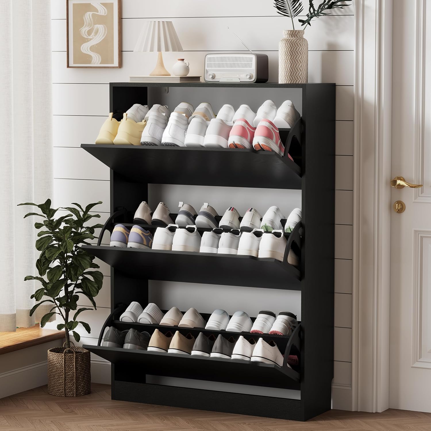 Shoe Storage Cabinet for Entryway with 3 Flip Drawers, Sturdy Wood Hidden Shoe Storage