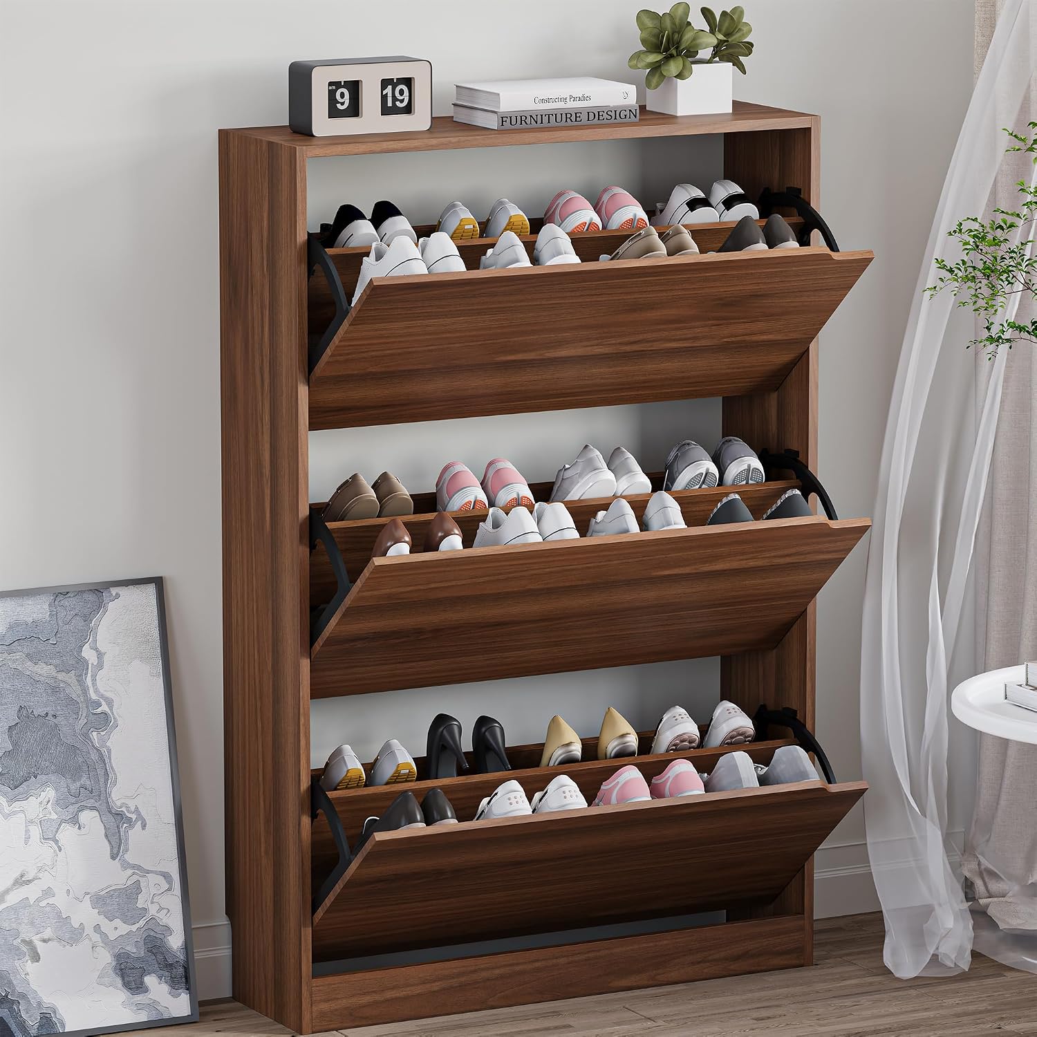 BORNOON Shoe Cabinet with Odor Control and Back Panels, Deodorizing Slim 3-Flip Shoe Storage Cabinet for Entryway