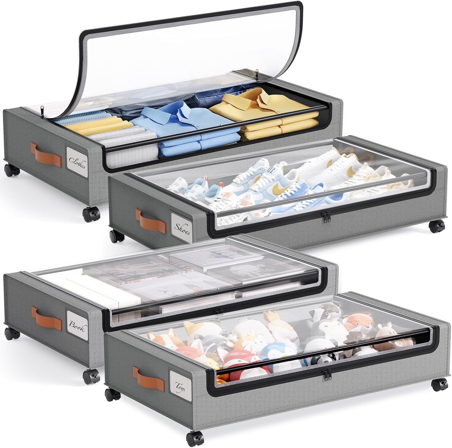 Yecaye Under Bed Storage with Wheels, 2Pack Under Bed Storage Containers, Underbed Shoe Storage Organizer, Rolling Under Bed Metal Drawers for Clothes