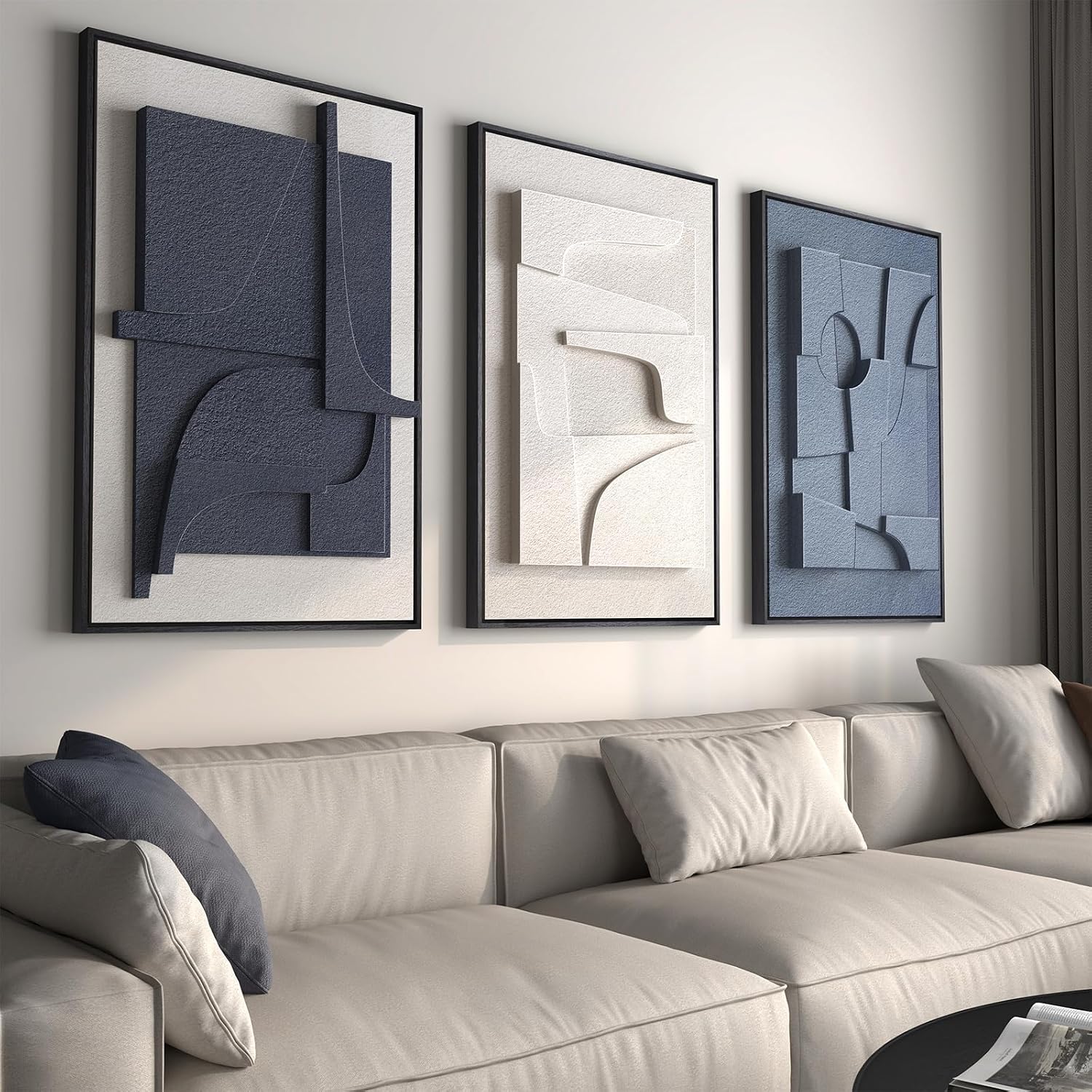 Large 3D Textured Framed Boho Modern Neutral Abstract Wall Art for Living Room, 3 Piece Black White Brown Paintings Artwork for Walls