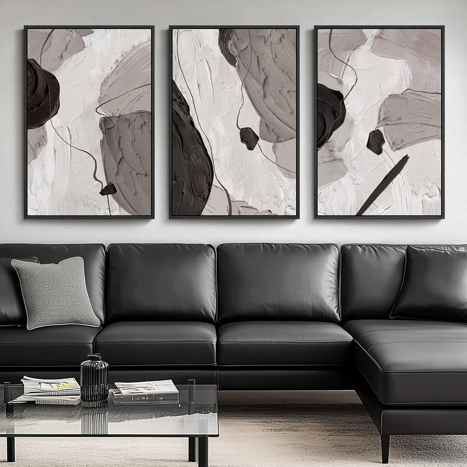 Large Framed Boho Modern Neutral Abstract Wall Art for Living Room, 3 Piece Black and White Canvas Prints Paintings Artwork for Walls