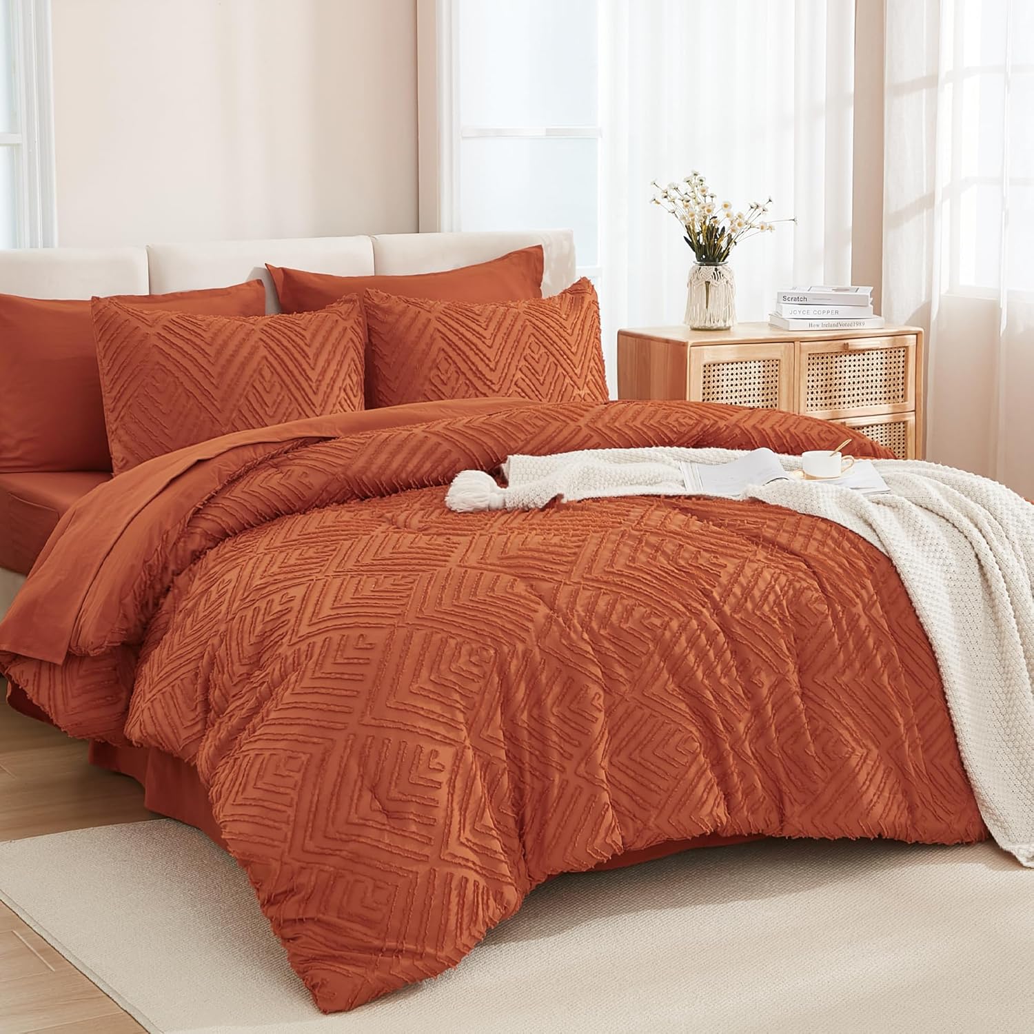 Andency King Size Comforter Set Burnt Orange - 7 Pieces Bed in a Bag King Boho Terracotta Bedding Comforter Sets, Rust Tufted Bed Set with Comforter