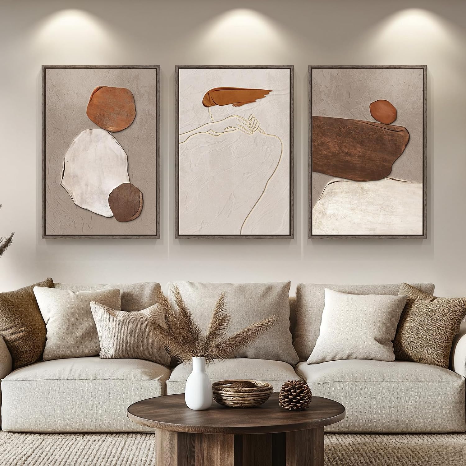 Large Framed Neutral Abstract Wall Art for Living Room, 3 Piece Modern Canvas Prints Paintings Artwork for Walls